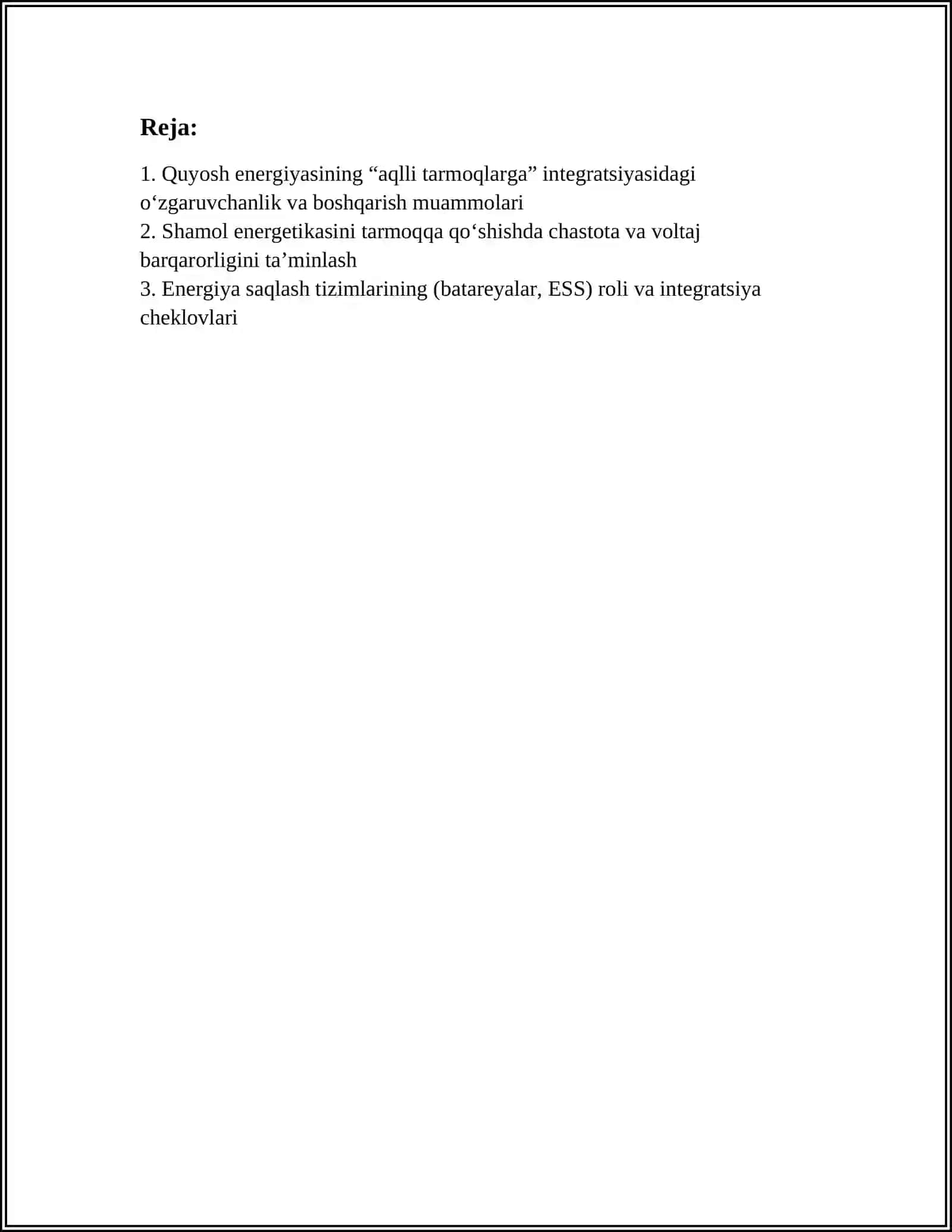 “AQLLI TARMOQLAR” (SMART GRID) TIZIMLARIDA MUQOBIL ENERGIYA MANBALARINI INTEGRATSIYALASH MUAMMOLARI VA YECHIMLARI 2