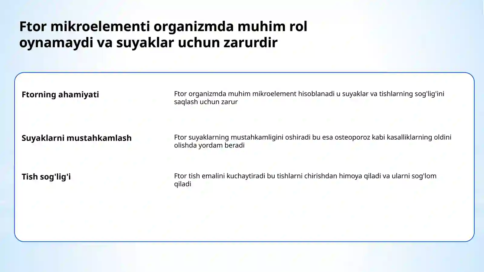 Mikroelementozlar.Ftor,kalsiy miqdorining ortishi 2