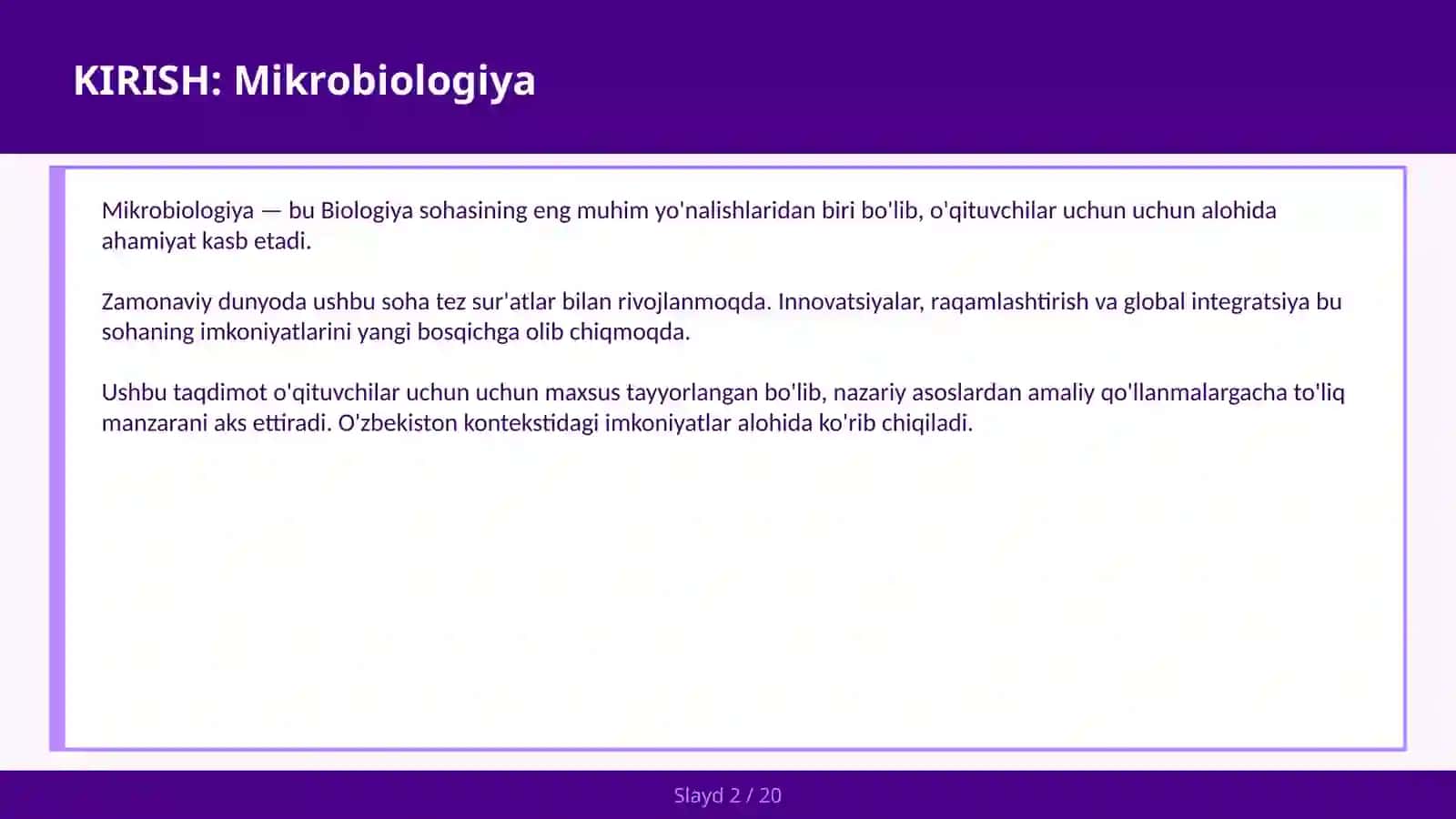 MIKROBIOLOGIYA - BAKTERIYA VIRUS - O'QITUVCILAR UCHUN 2