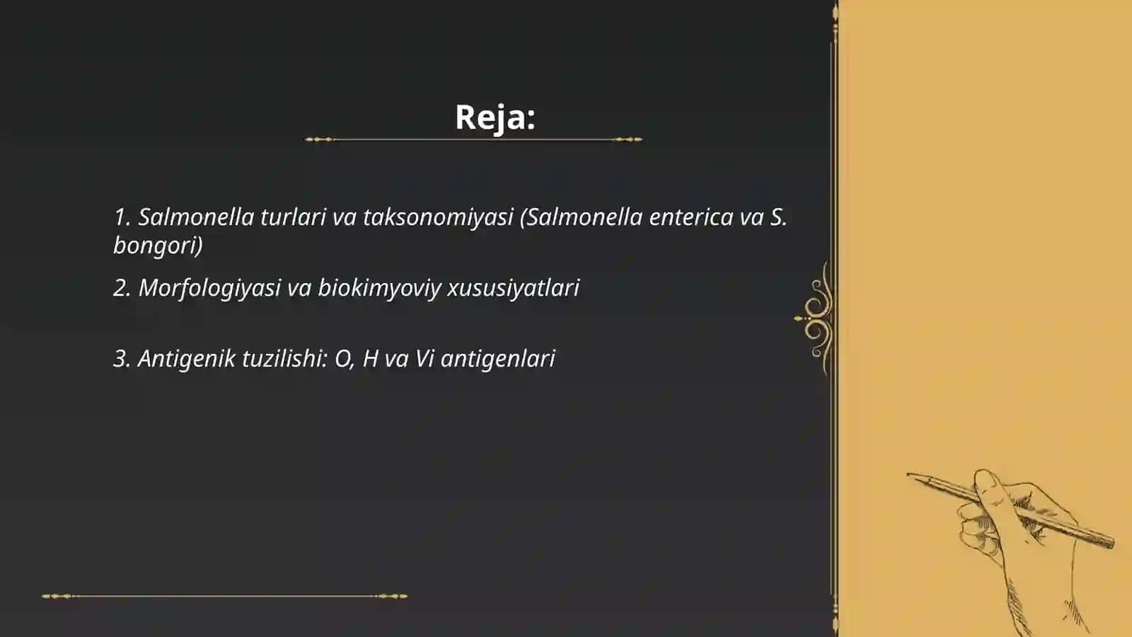 Salmonellalar.Ovqatdan zaharlanish (toksikoinfeksiyalar) va o‘tkir salmonellyozli gastroenterit qo‘zg‘atuvchilari 2