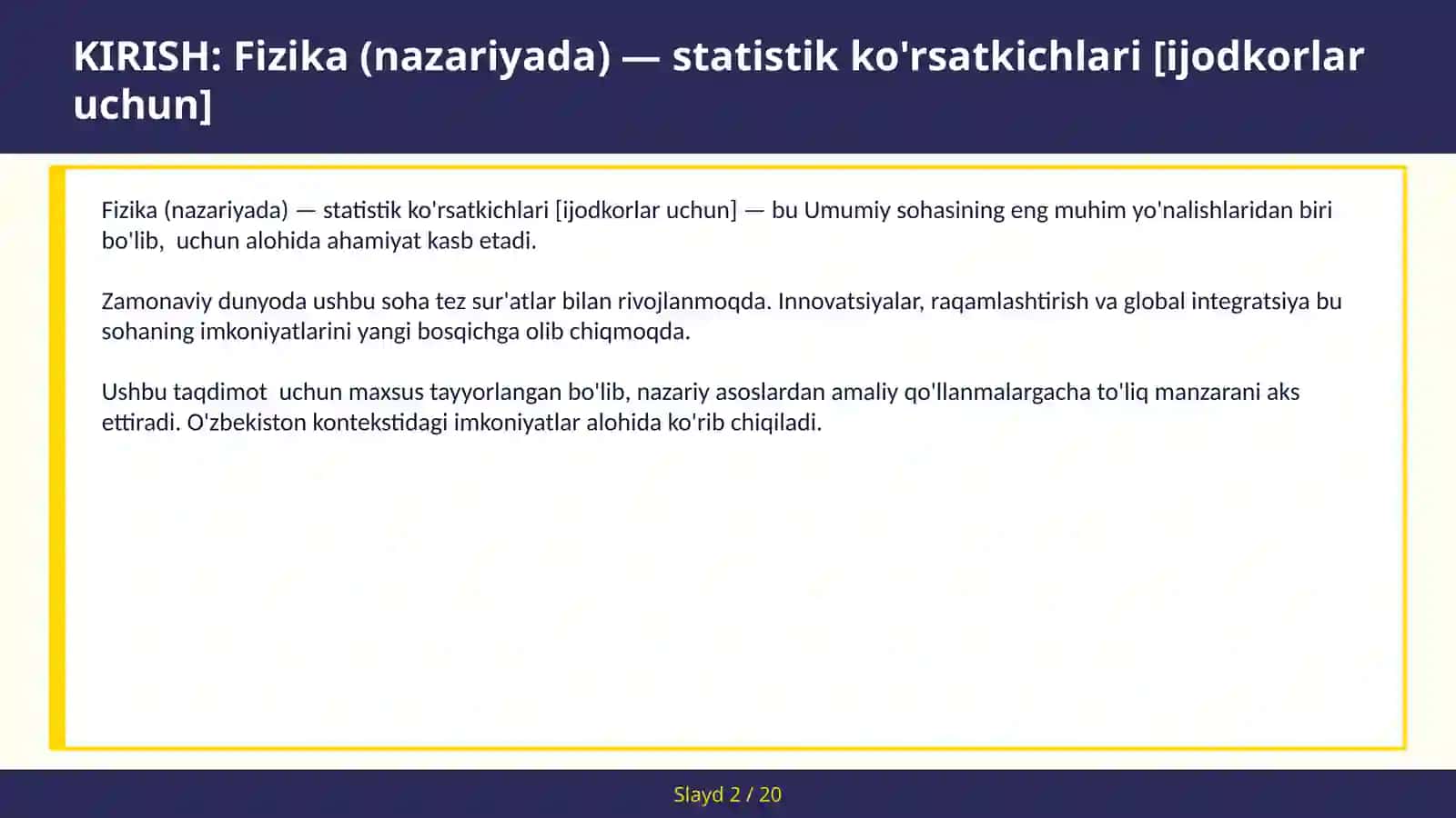 FIZIKA (NAZARIYADA) — STATISTIK KO'RSATKICHLARI [IJODKORLAR UCHUN] 2