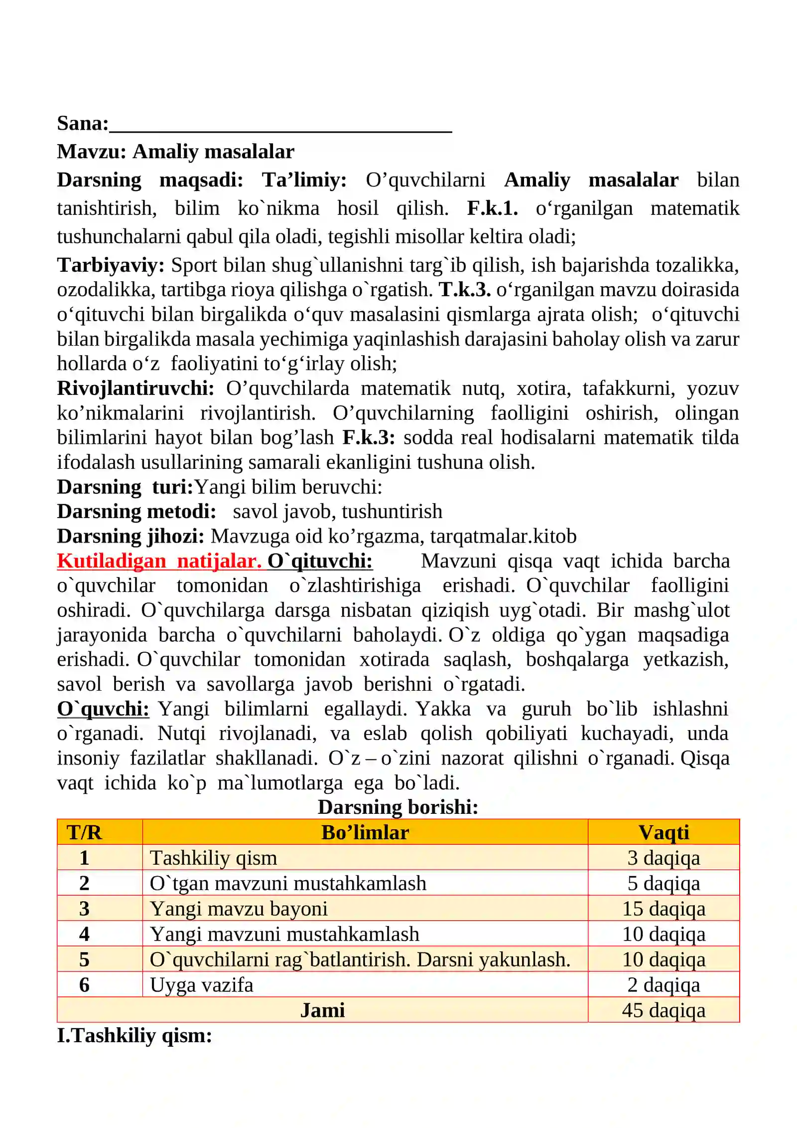 Amaliy masalalar mavzusida 3-sinf Matematika fanidan dars ishlanmasi 2