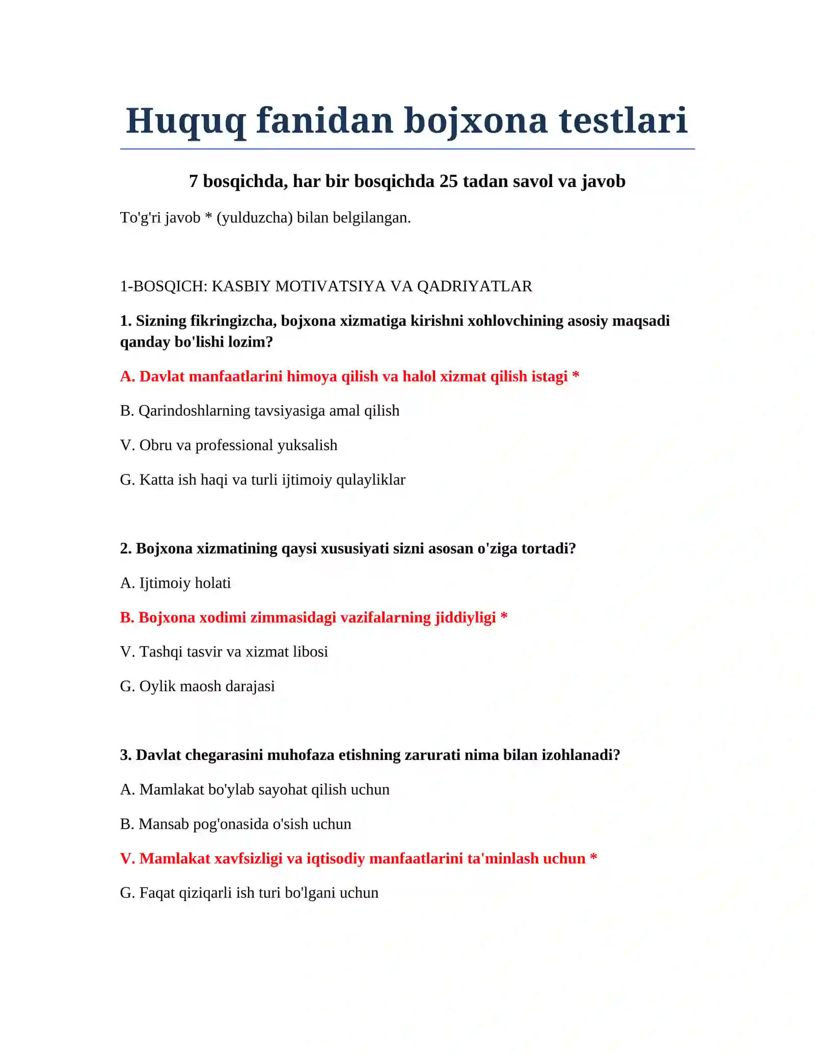 Huquq fanidan bojxona testlari 2
