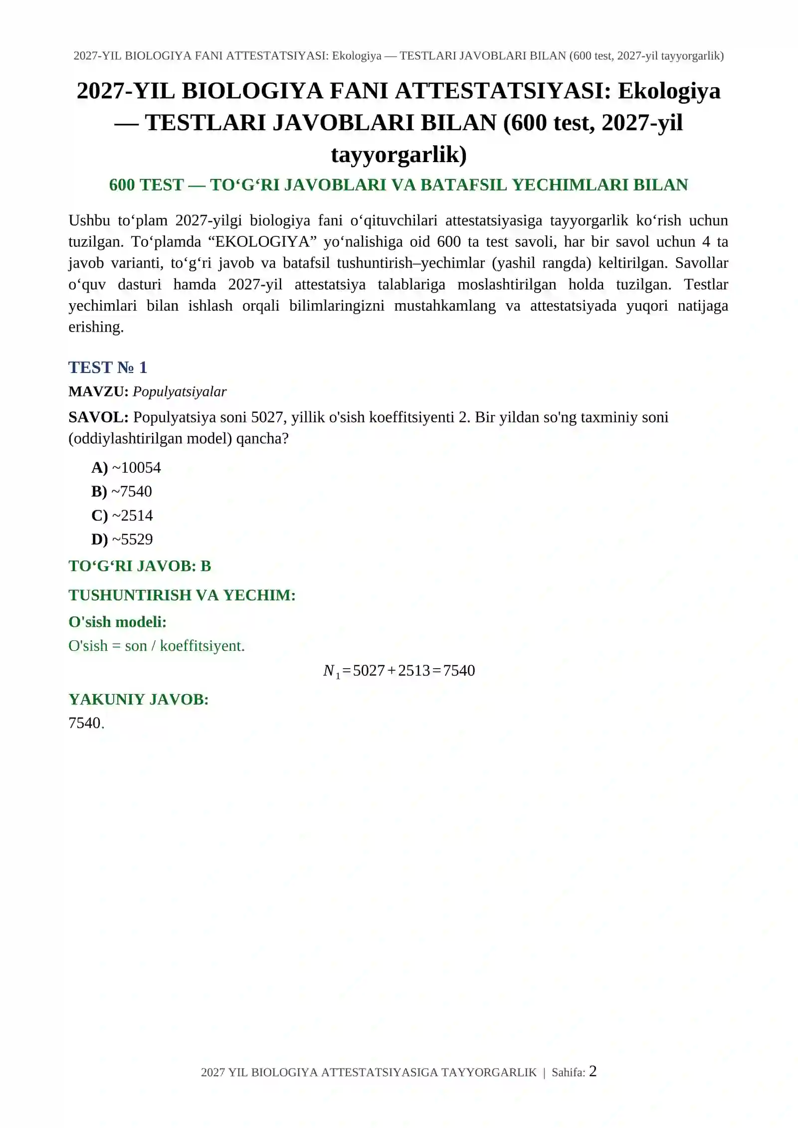 2027-YIL BIOLOGIYA FANI ATTESTATSIYASI: Ekologiya — TESTLARI JAVOBLARI BILAN (600 test, 2027-yil tayyorgarlik) 2