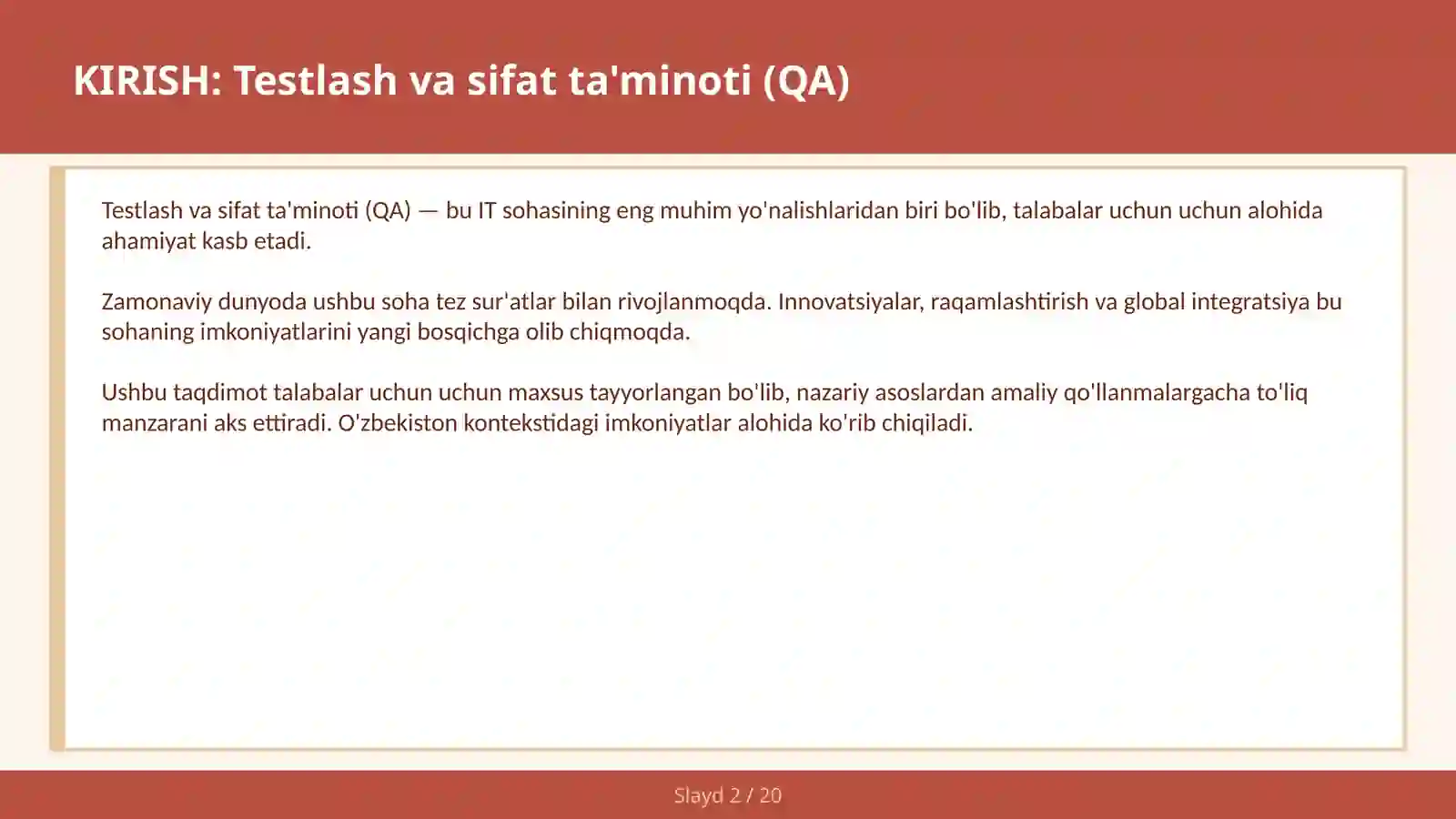 Testlash va sifat ta'minoti (QA) 2