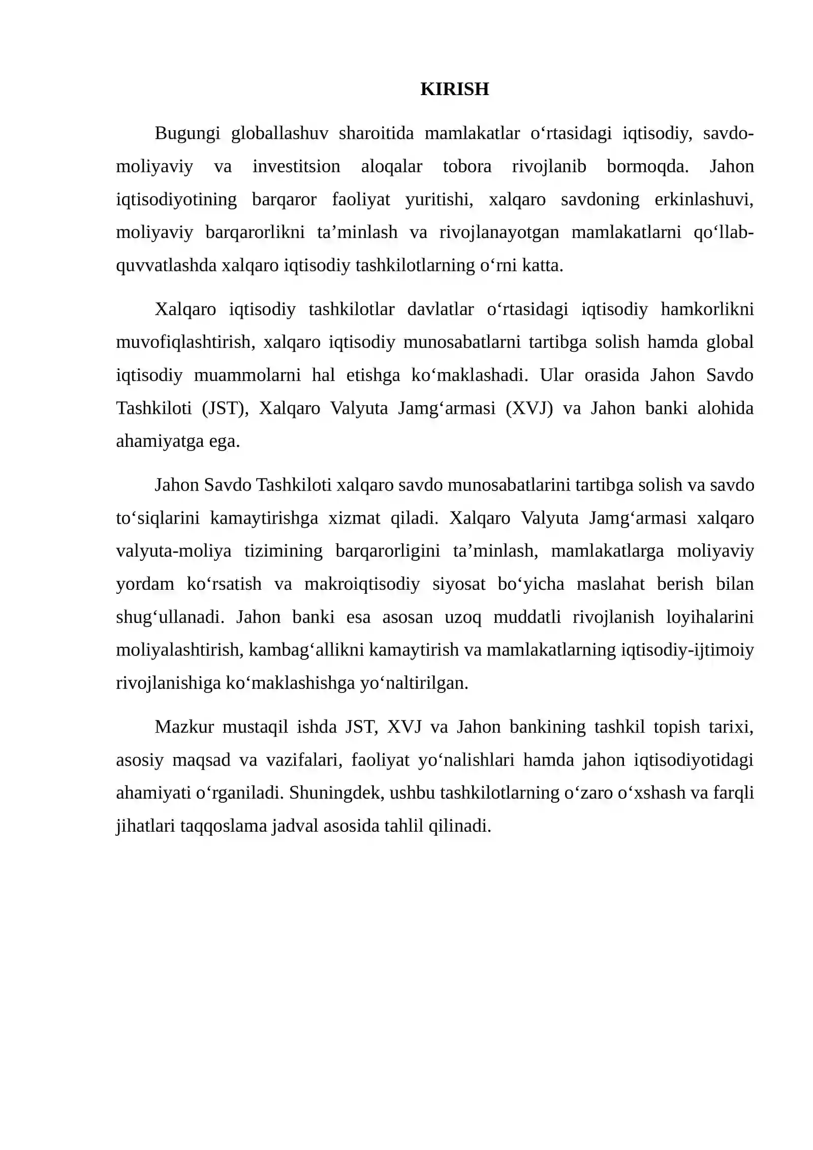XALQARO IQTISODIY TASHKILOTLAR (JST, XVJ, JAHON BANKI) FAOLIYATI: TAQQOSLAMA TAHLIL 2