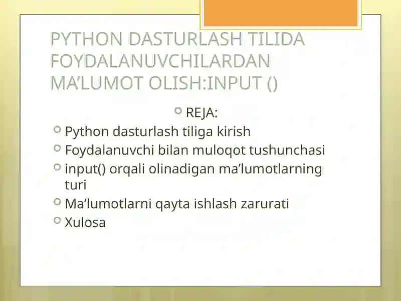 PYTHON DASTURLASH TILIDA FOYDALANUVCHILARDAN MA’LUMOT OLISH INPUT () 2