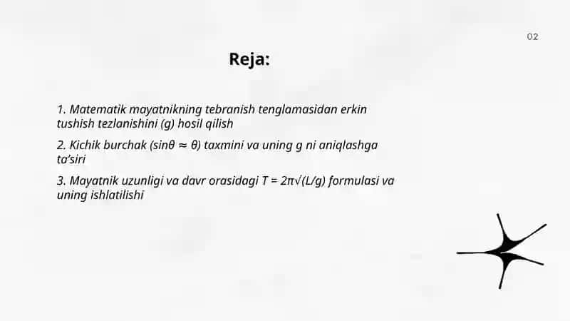 Matematik mayatnik yordamida jismlarning erkin tushish tezlanishni aniqlash 2