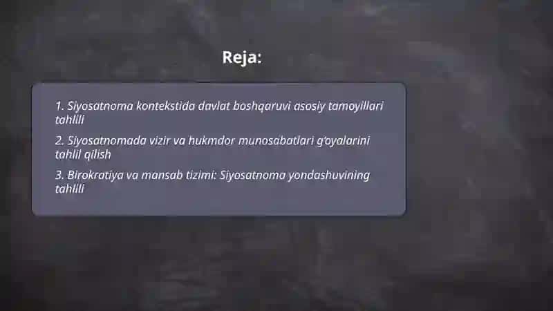Nizomiymulking ‘’Siyosatnoma’’ asari boyicha jamiyat boshqaruviga oid g’oyalarni taxlil etish 2