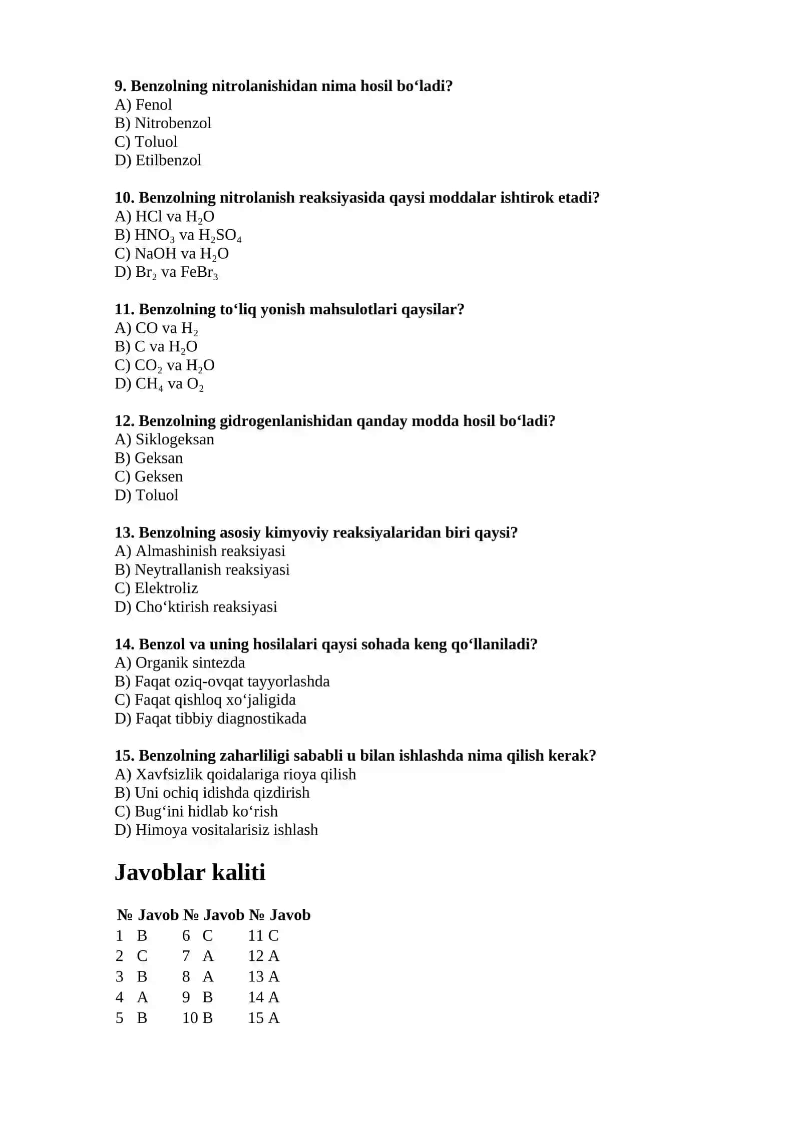 Aromatik uglevodorodlarning olinishi, xossalari va ishlatilishi bo‘yicha 15 ta test 2