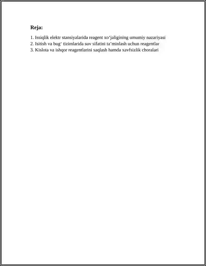 Issiqlik elektr stansiyalarida reagent xo‘jaligining umumiy nazariyasi 2