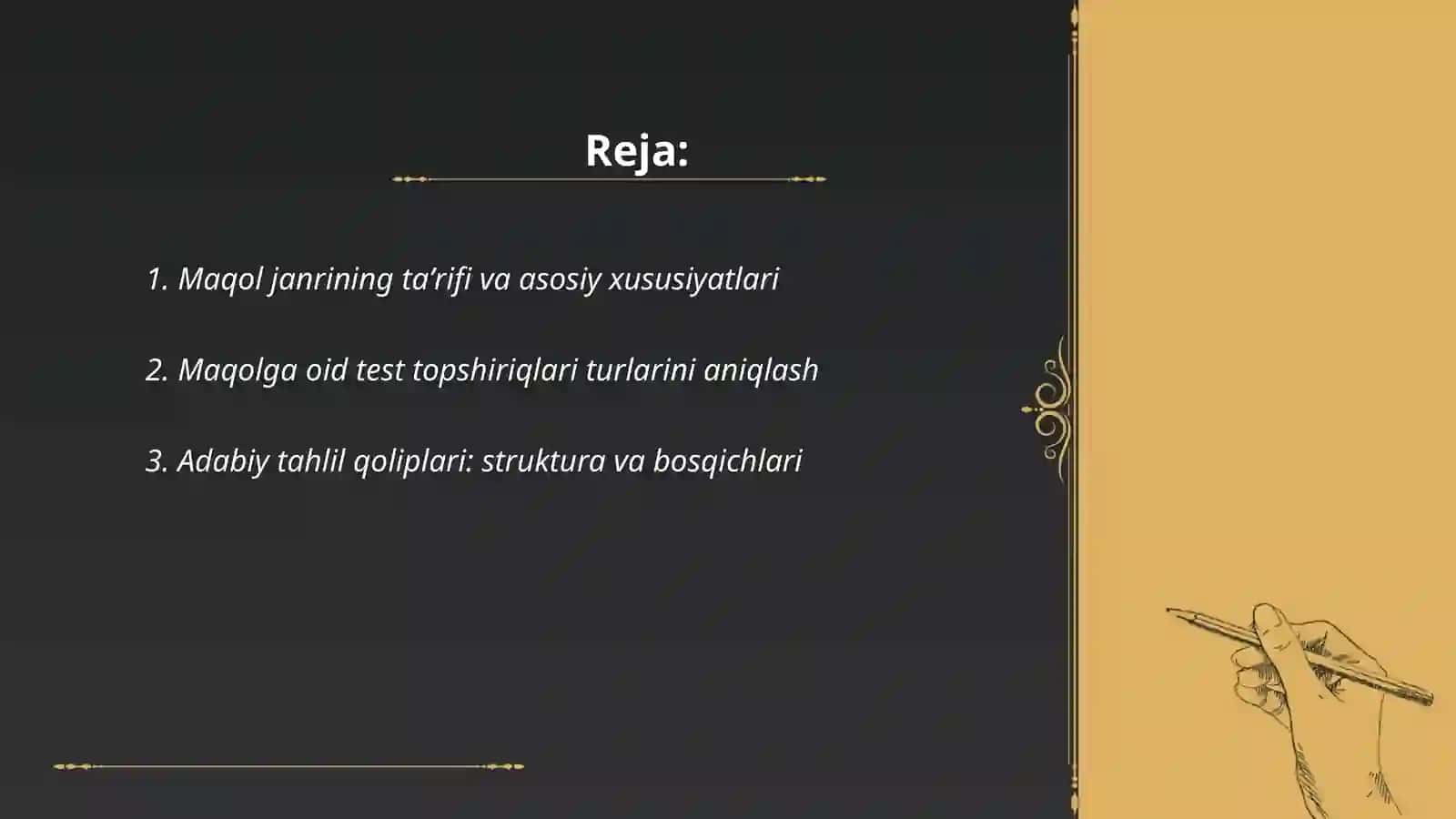 Maqol janri yuzasidan test topshiriqlarini adabiy tahlil qoliplarini bajarish 'Blits'texnologiyasi boʻyicha ishlash 2