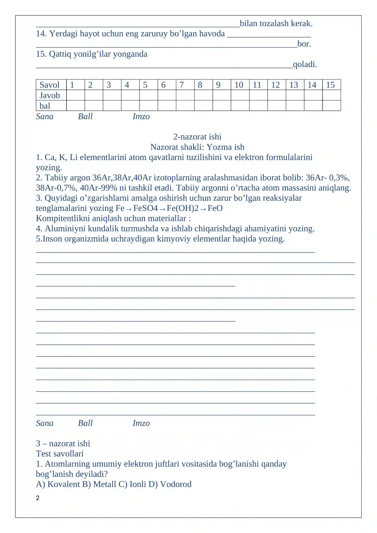 8-sinf kimyo nazorat ishi daftar 2