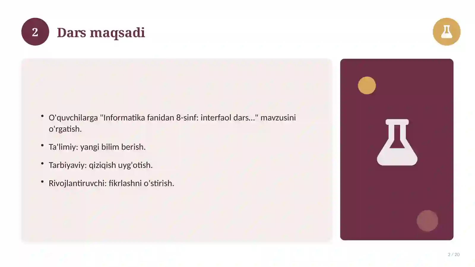 Informatika fanidan 8-sinf: interfaol dars ishlanmasi 2