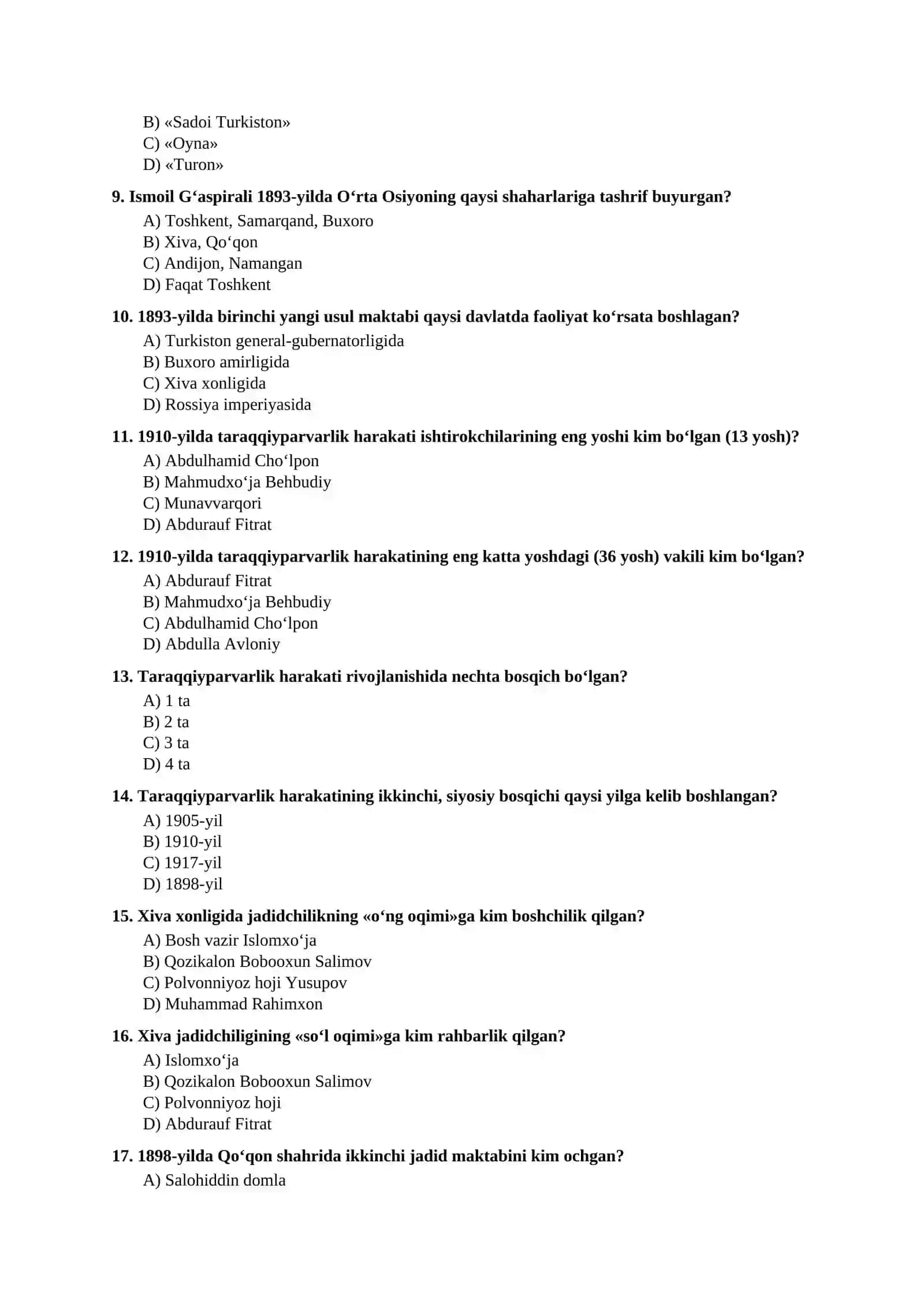 Mavzulashtirilgan testlar | 9-SINF O‘ZBEKISTON TARIXI VI boʻlim 2