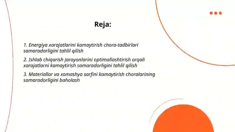 Xarajatlarni kamaytirishi chora- tadbirlari samaradorligini tahlil qlish 2