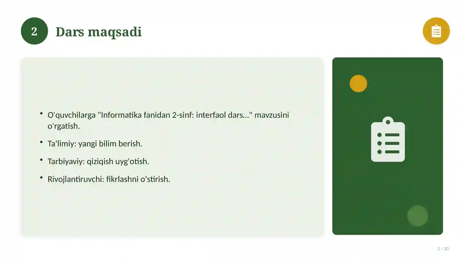 Informatika fanidan 2-sinf: interfaol dars ishlanmasi 2