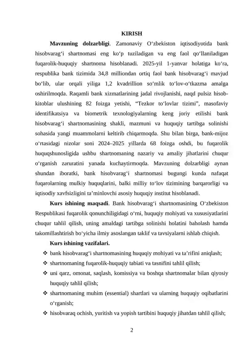 Bank hisobvarag‘i shartnomasi fuqarolik-huquqiy xususiyatlari 2