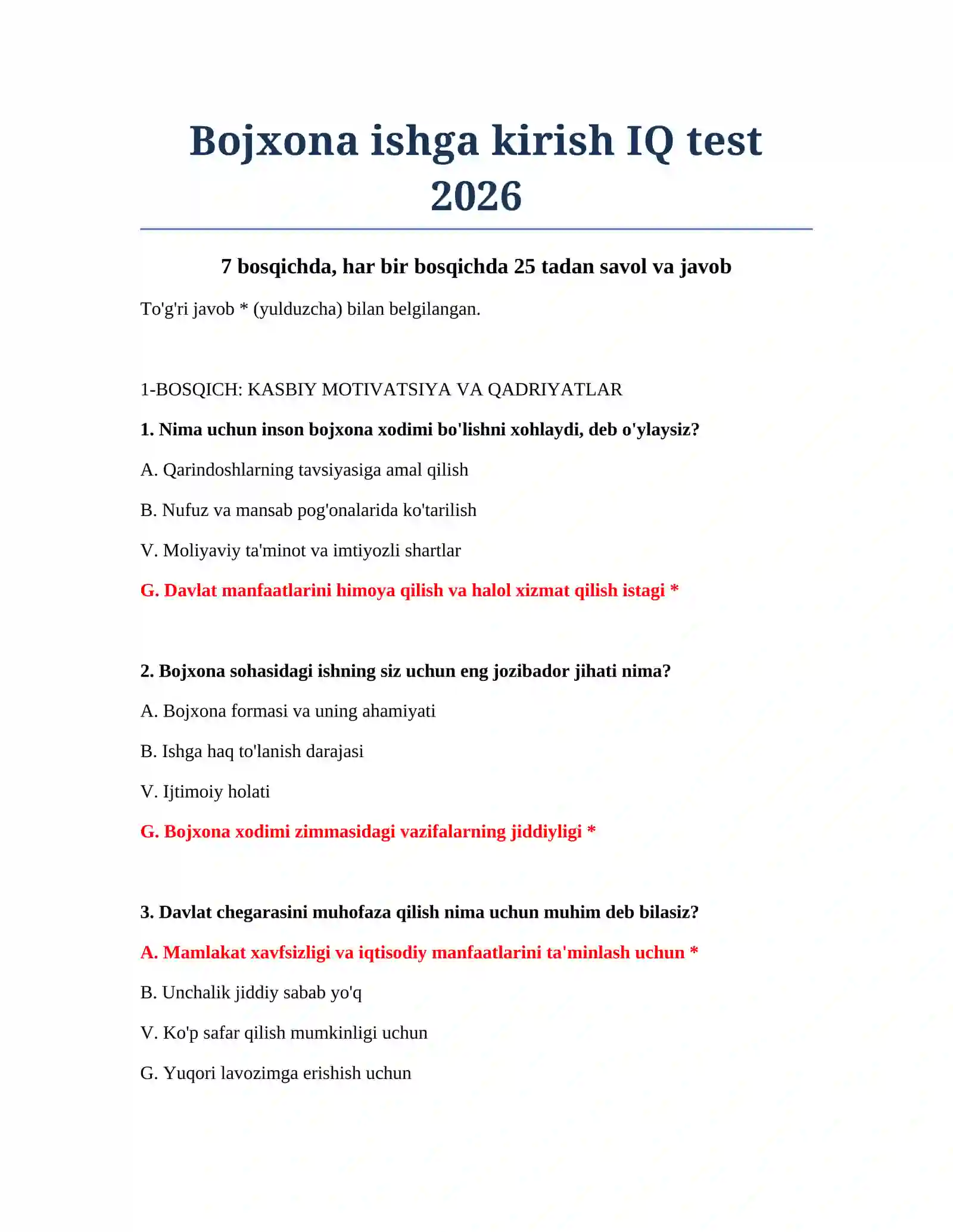 Bojxona ishga kirish IQ test 2026 2