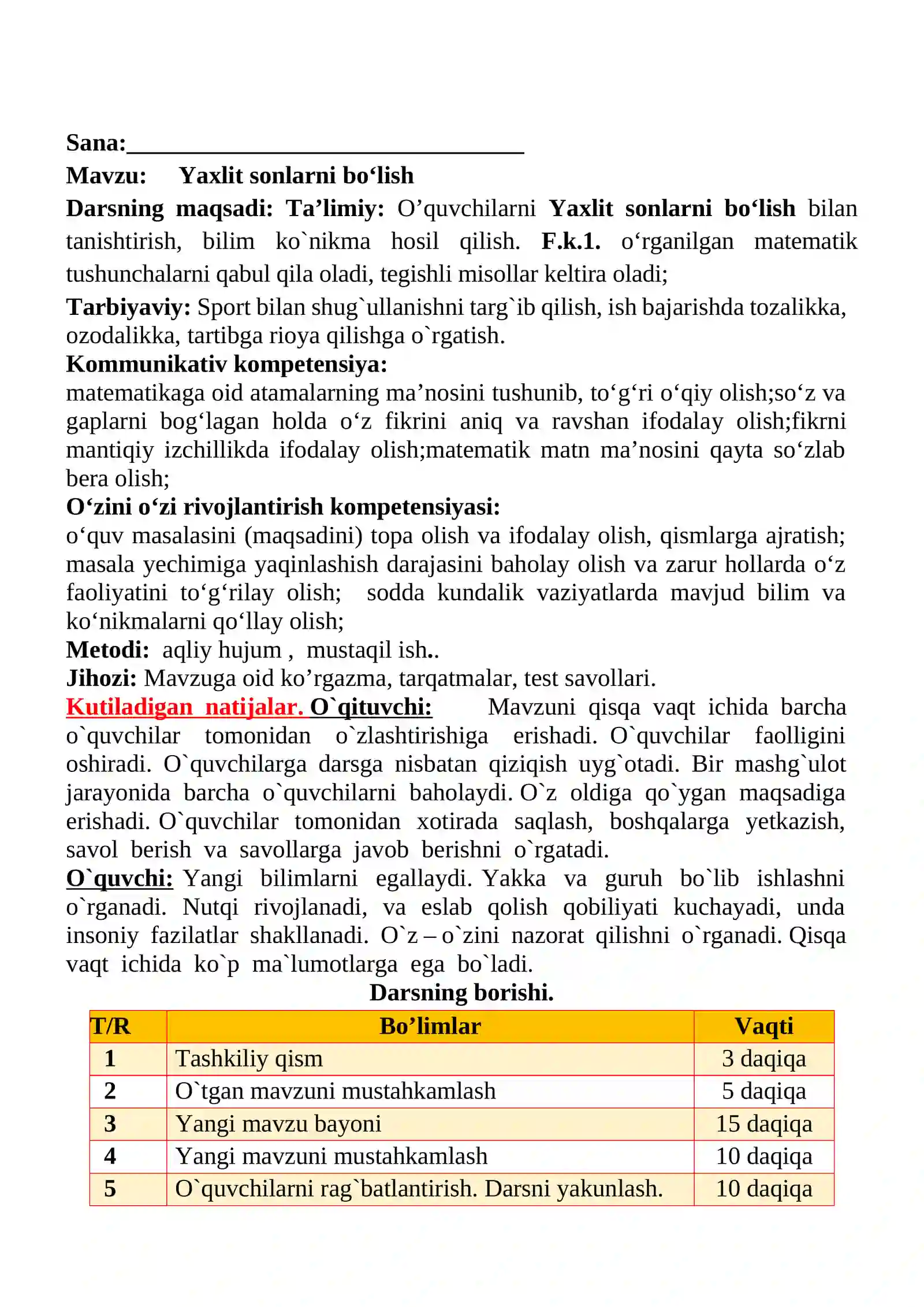 Yaxlit sonlarni bo‘lish mavzusida 2-sinf matematika fanidan dars ishlanmasi 2