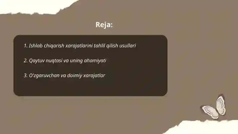 Ishlab chiqarish xarajatlarini minimallashtirish shartlari va korxonaning zararsiz ishlash nuqtasini hisoblash yo'llari 2