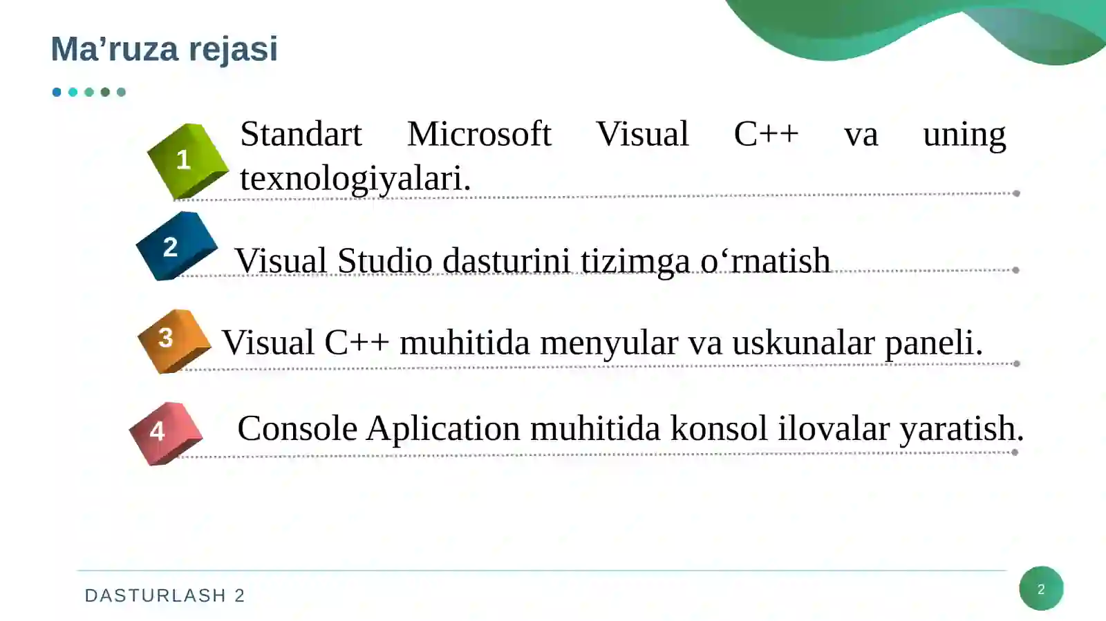 Visual C++ muhitida dasturlash. Visual C++ muhitida mеnyular va uskunalar panеli 2