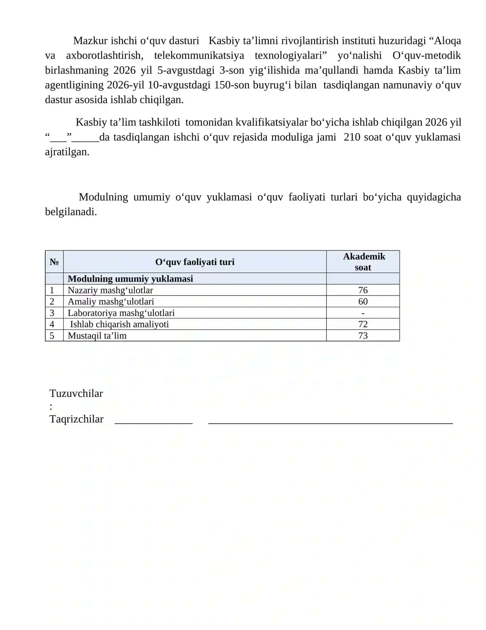 KENG ASSORTIMENTDAGI KIYIMLARNI KONSTRUKSIYALASH VA MODELLASHTIRISH MODULINING  ISHCHI DASTURI 2