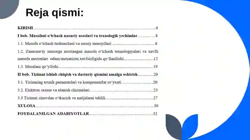Mashina oldidagi masofani o‘lchab, xavfli holatda ogohlantirish beruvchi tizim yaratish taqdimot 2