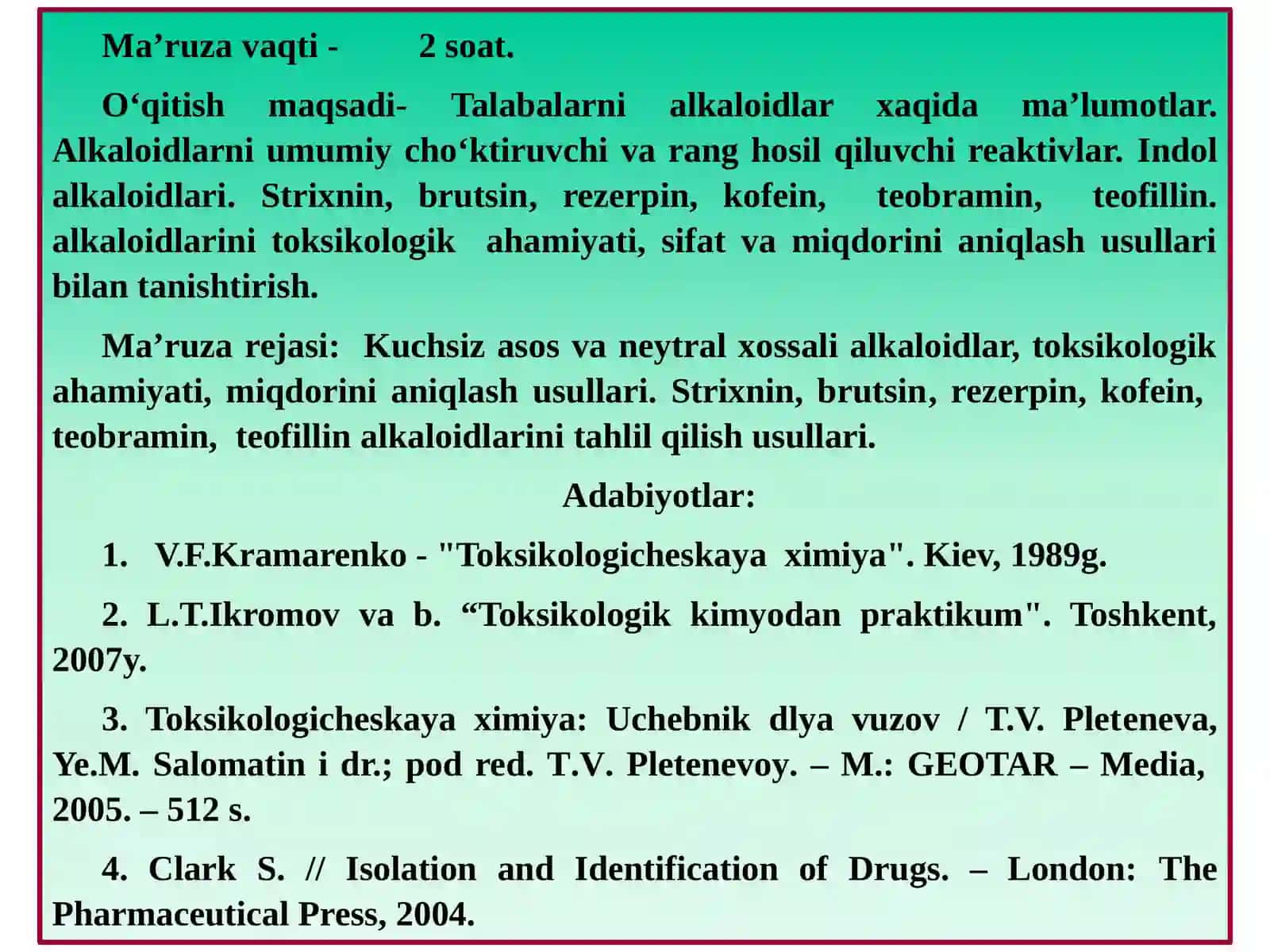 Alkaloidlarni umumiy cho‘ktiruvchi va rang hosil qiluvchi reaktivlar 2