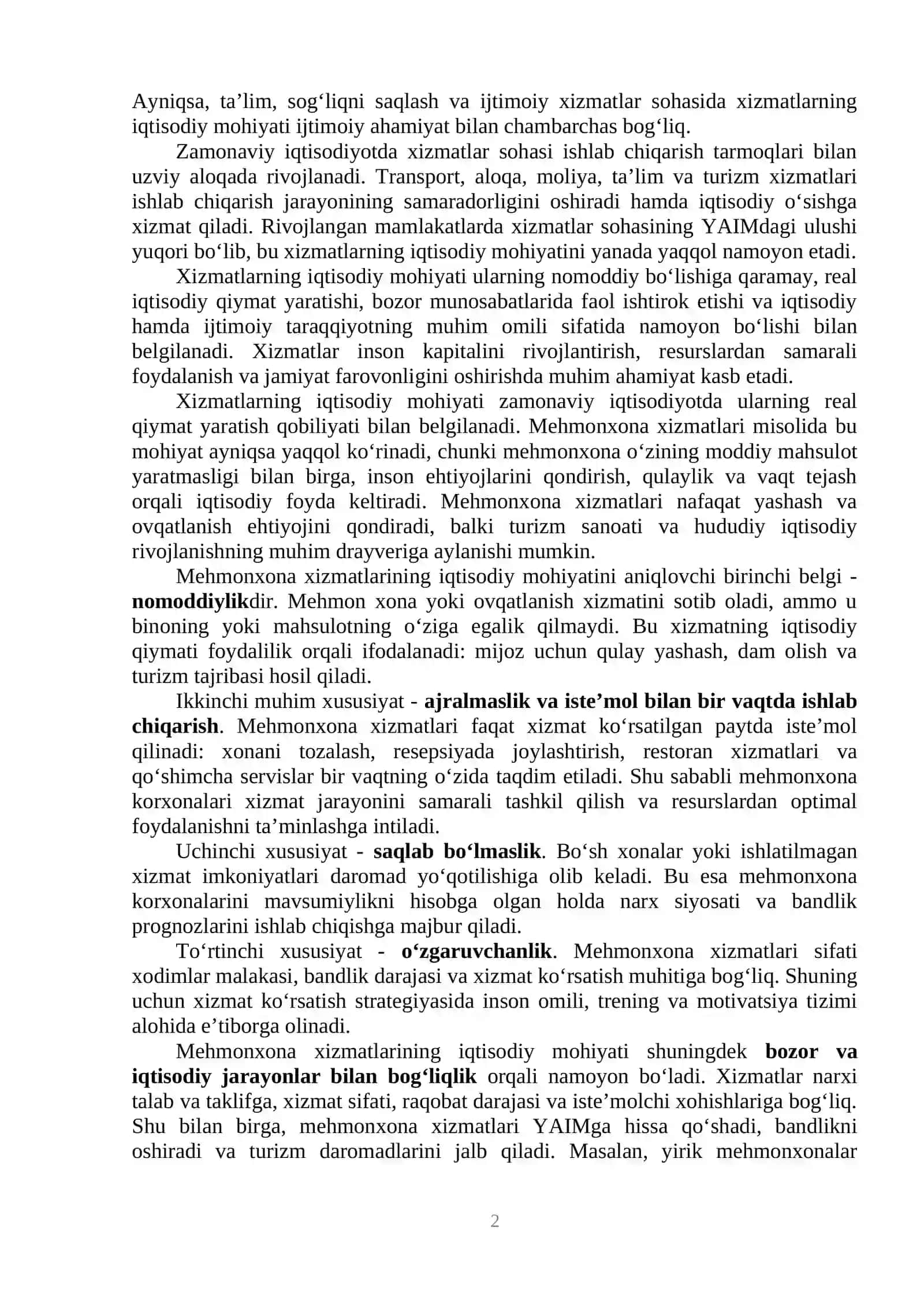 MEHMONXONA XIZMATLARINI LOYIHALASH VA XIZMAT KO‘RSATISH JARAYONLARINI TANLASH 2