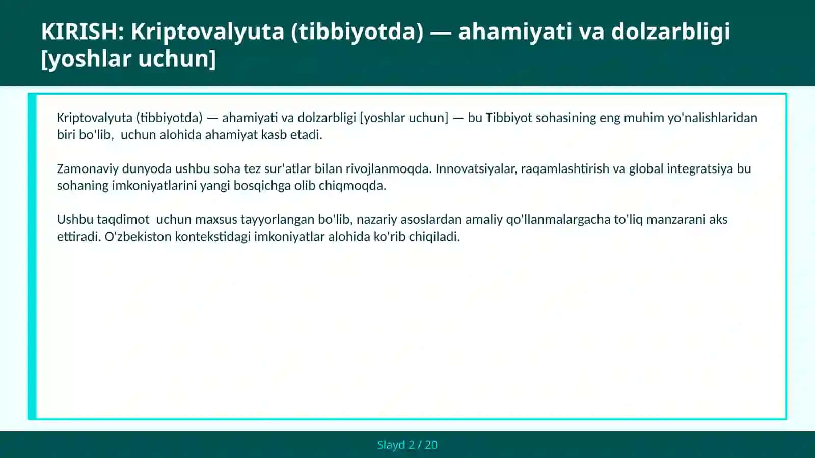 KRIPTOVALYUTA (TIBBIYOTDA) — AHAMIYATI VA DOLZARBLIGI [YOSHLAR UCHUN] 2