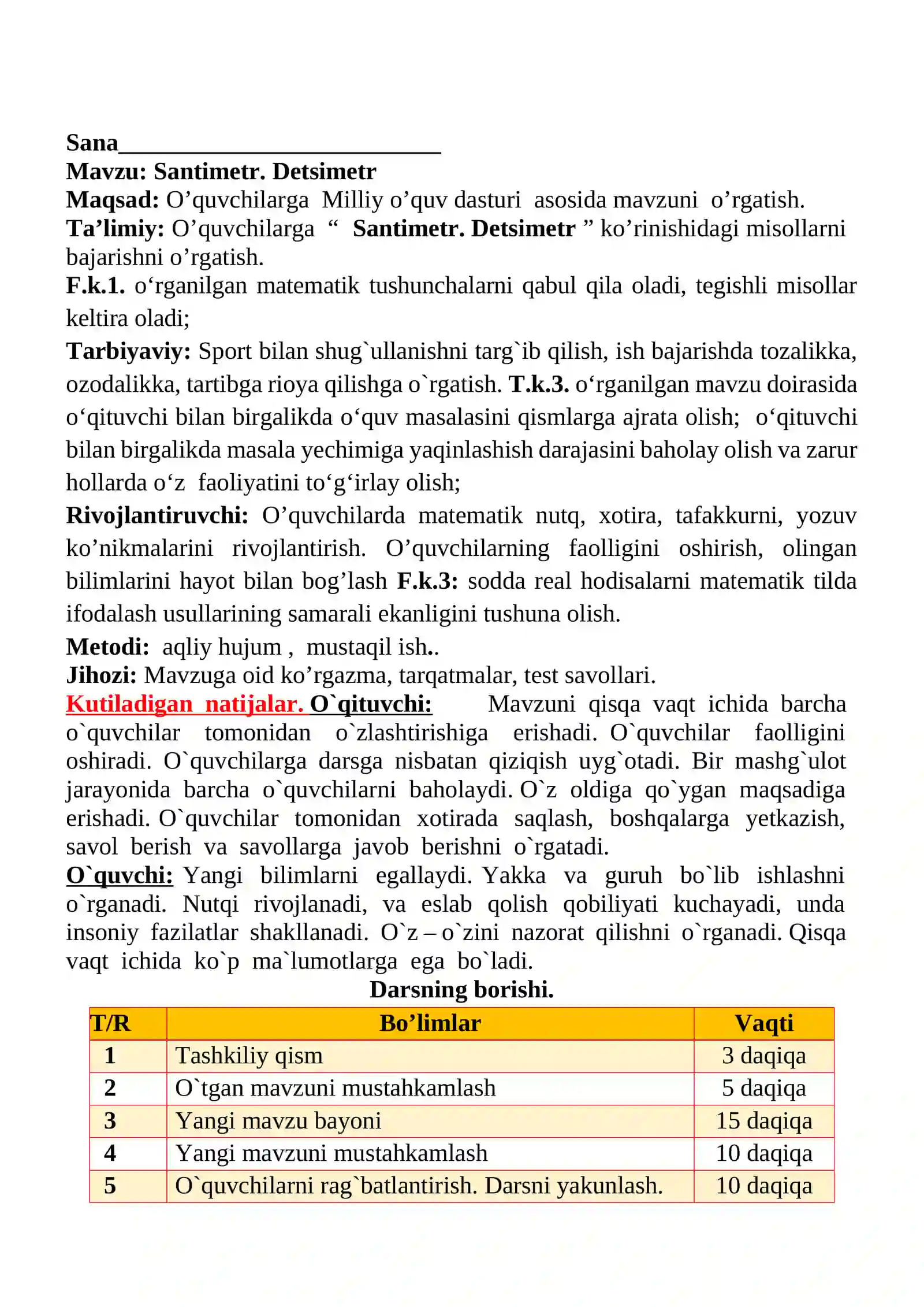 Santimetr. Detsimetr 1-sinflar uchun Matematika fanidan dars ishlanmasi 2