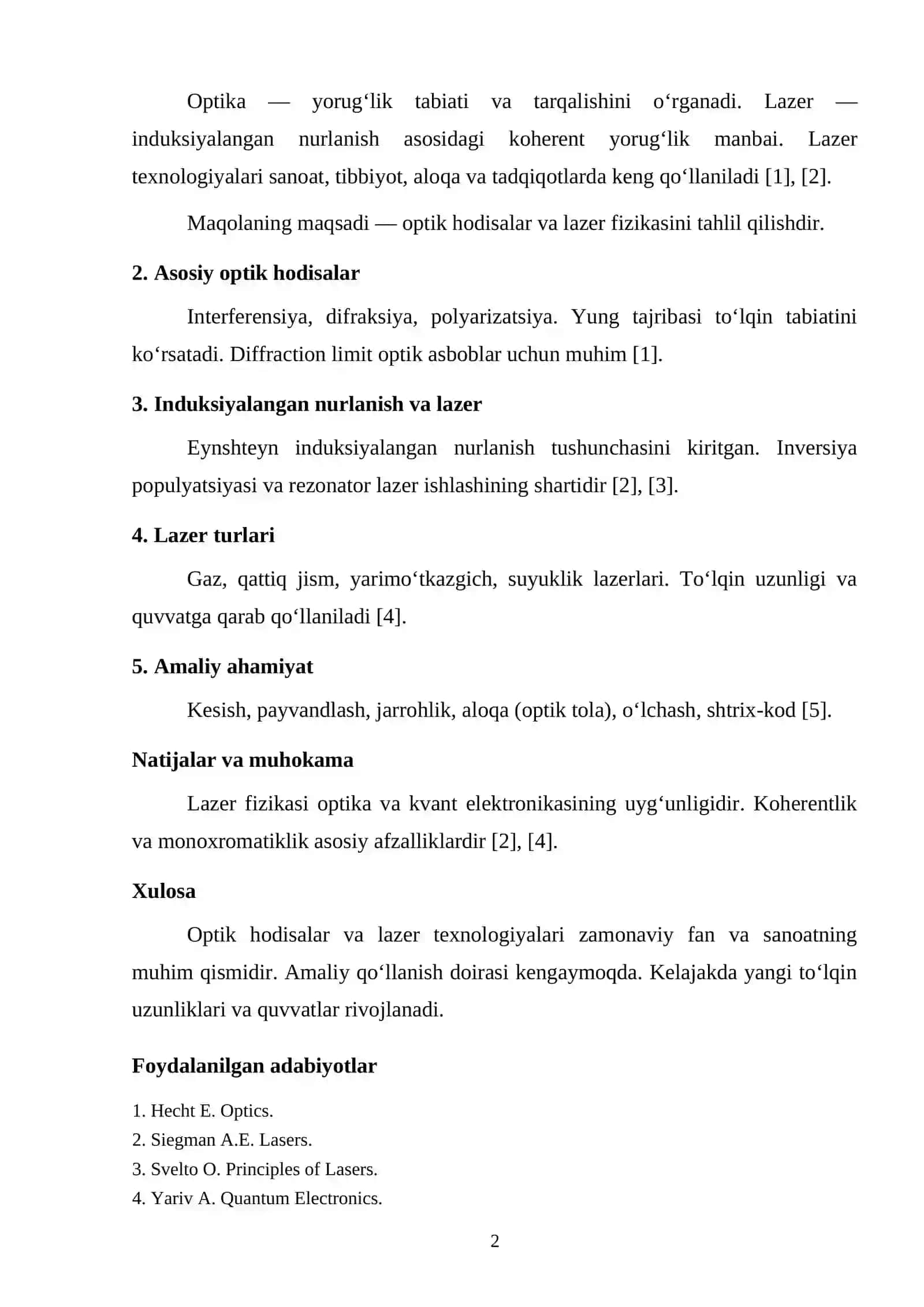 OPTIK HODISALAR VA LAZER TEXNOLOGIYALARINING FIZIK ASOSLARI 2