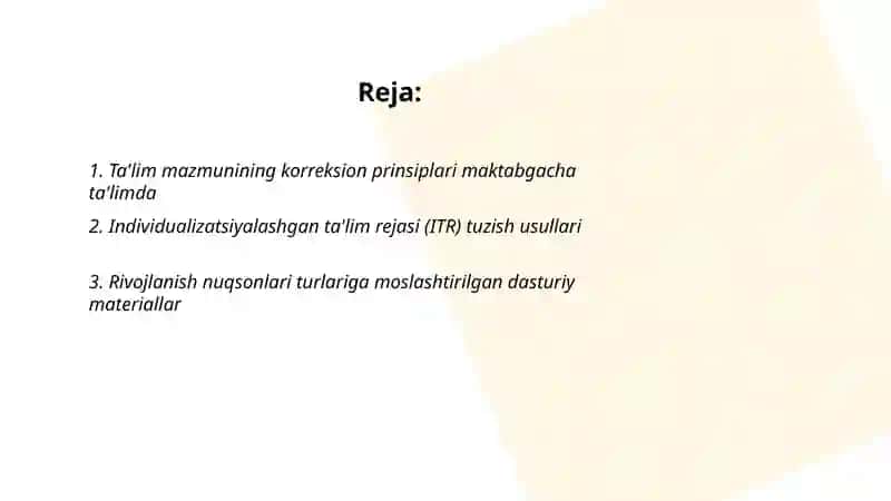 Nuqsonlari boʻlgan bolalar uchun maktabgacha ta'lim tashkilotida ta'lim mazmunining korreksion yoʻnaltirilganligi 2