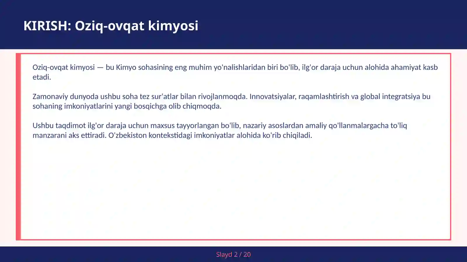 OZIQ-OVQAT KIMYOSI 2