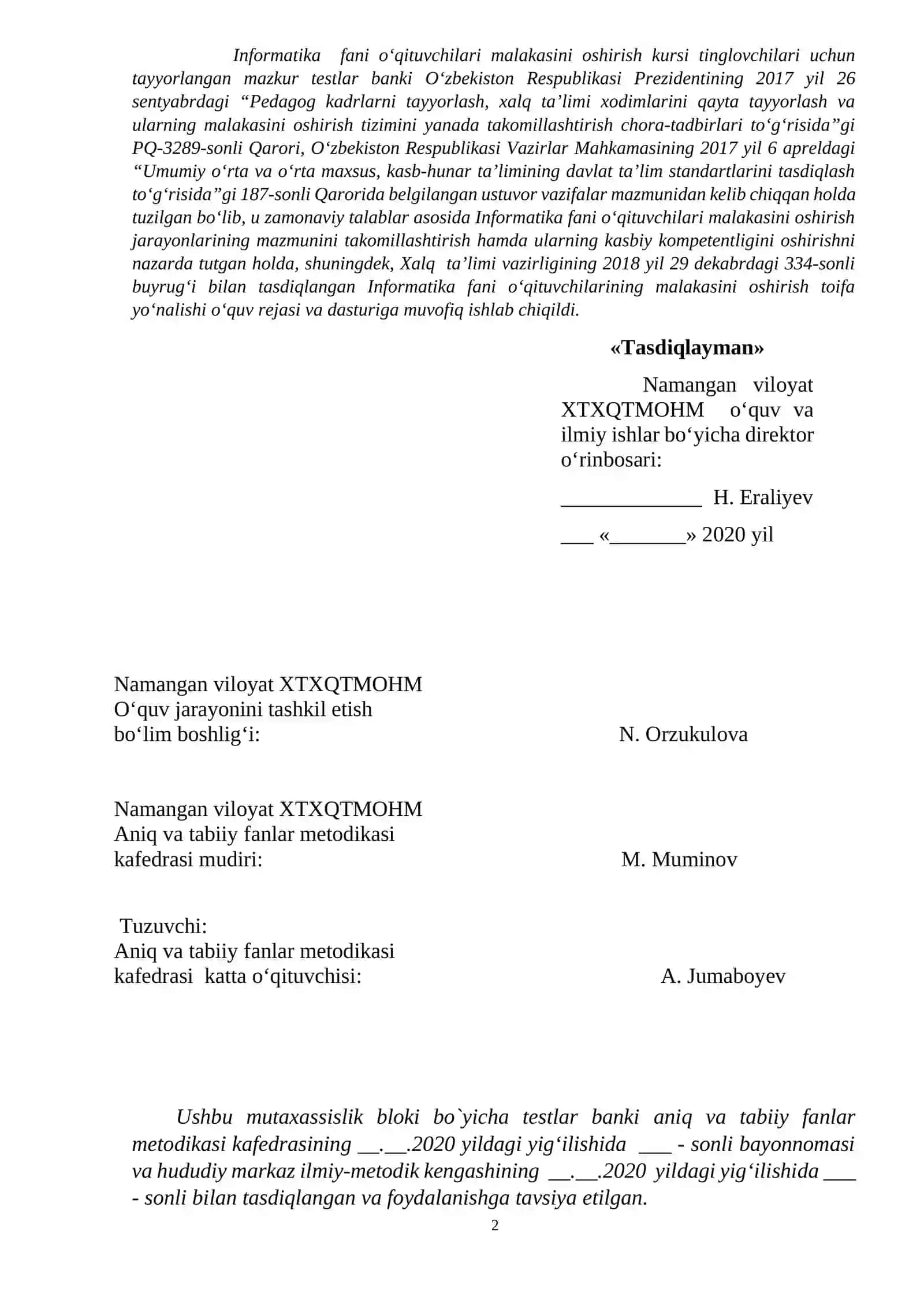 INFORMATIKA FANI O‘QITUVCHILARIning MALAKASINI OSHIRISH KURSI tinglovchilari UCHUN TESTLAR banki 2