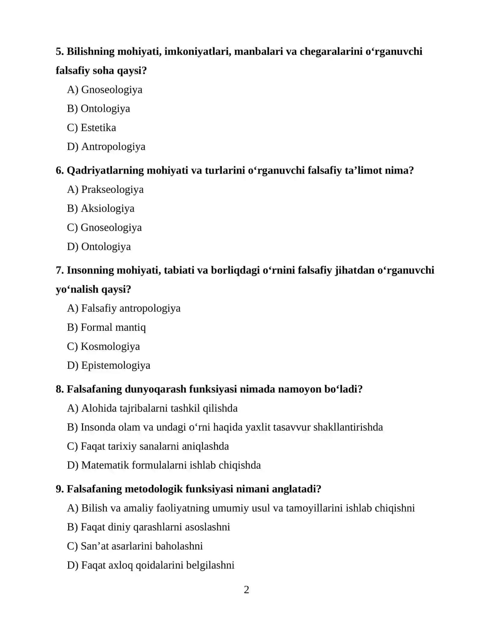 FALSAFA FANIDAN 100 TA TEST SAVOLI 2