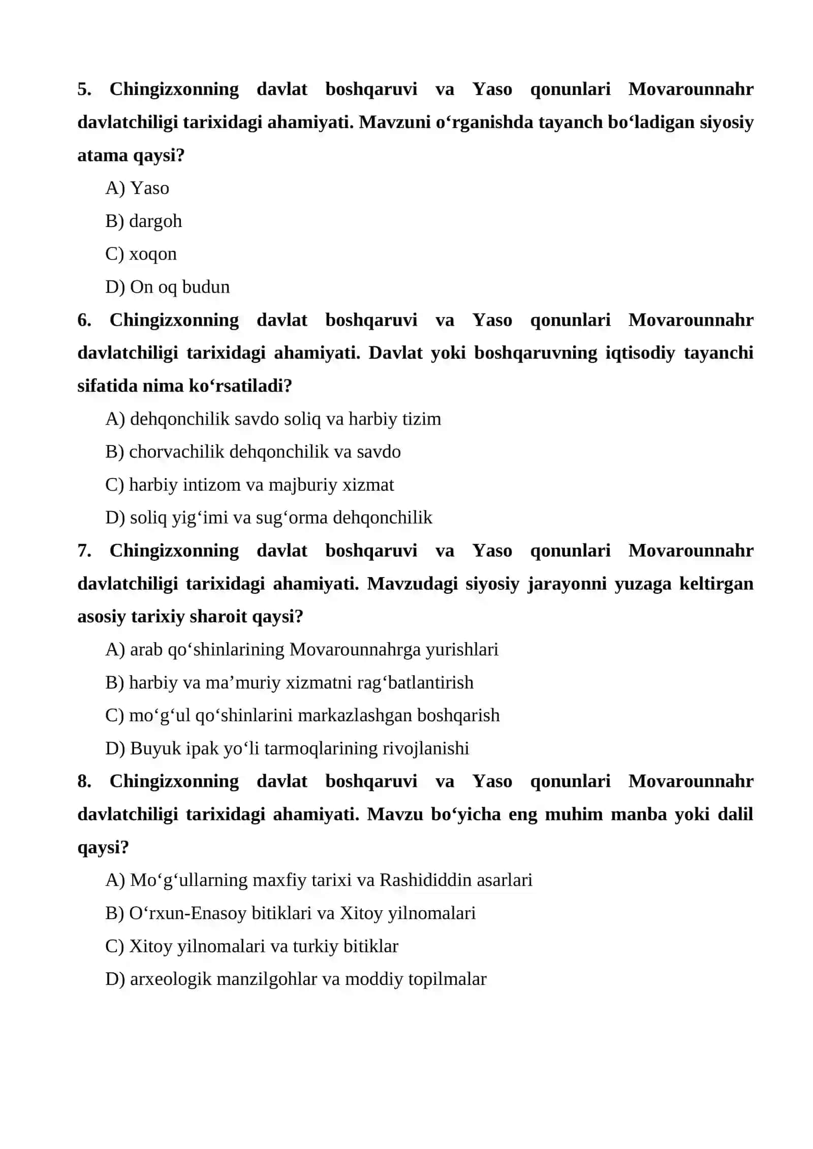Chingizxonning davlat boshqaruvi va Yaso qonunlari Movarounnahr davlatchiligi tarixidagi ahamiyati test 2