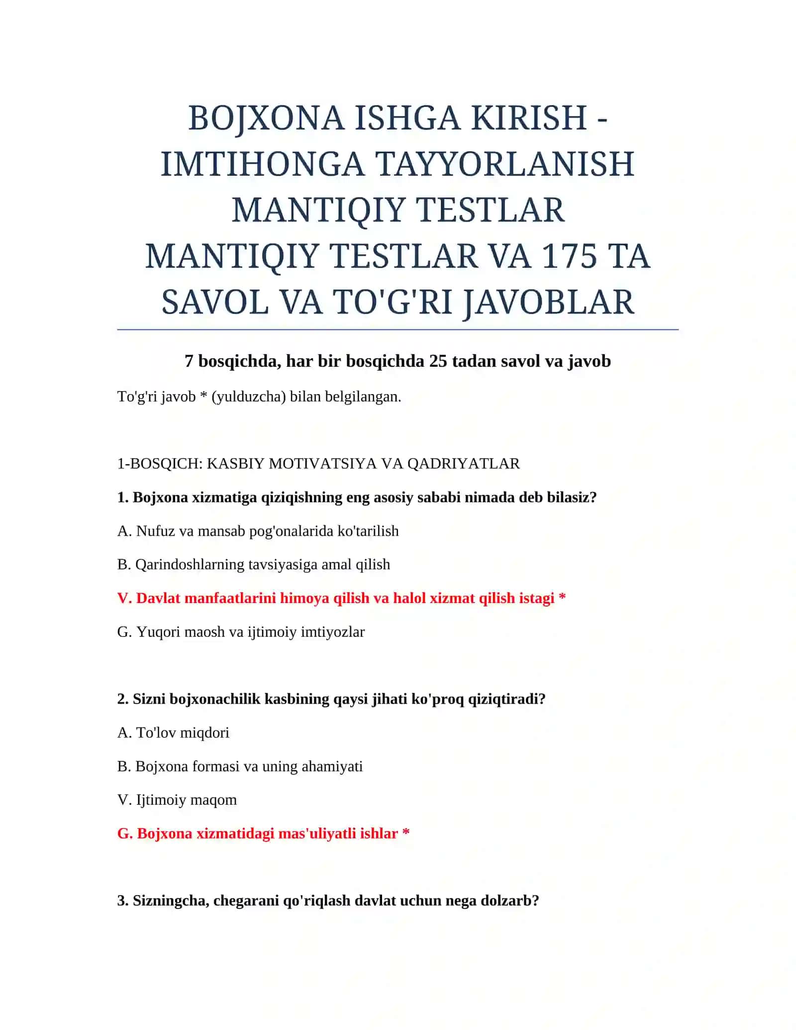 Bojxona Ishga Kirish - Imtihonga Tayyorlanish Mantiqiy Testlar 2