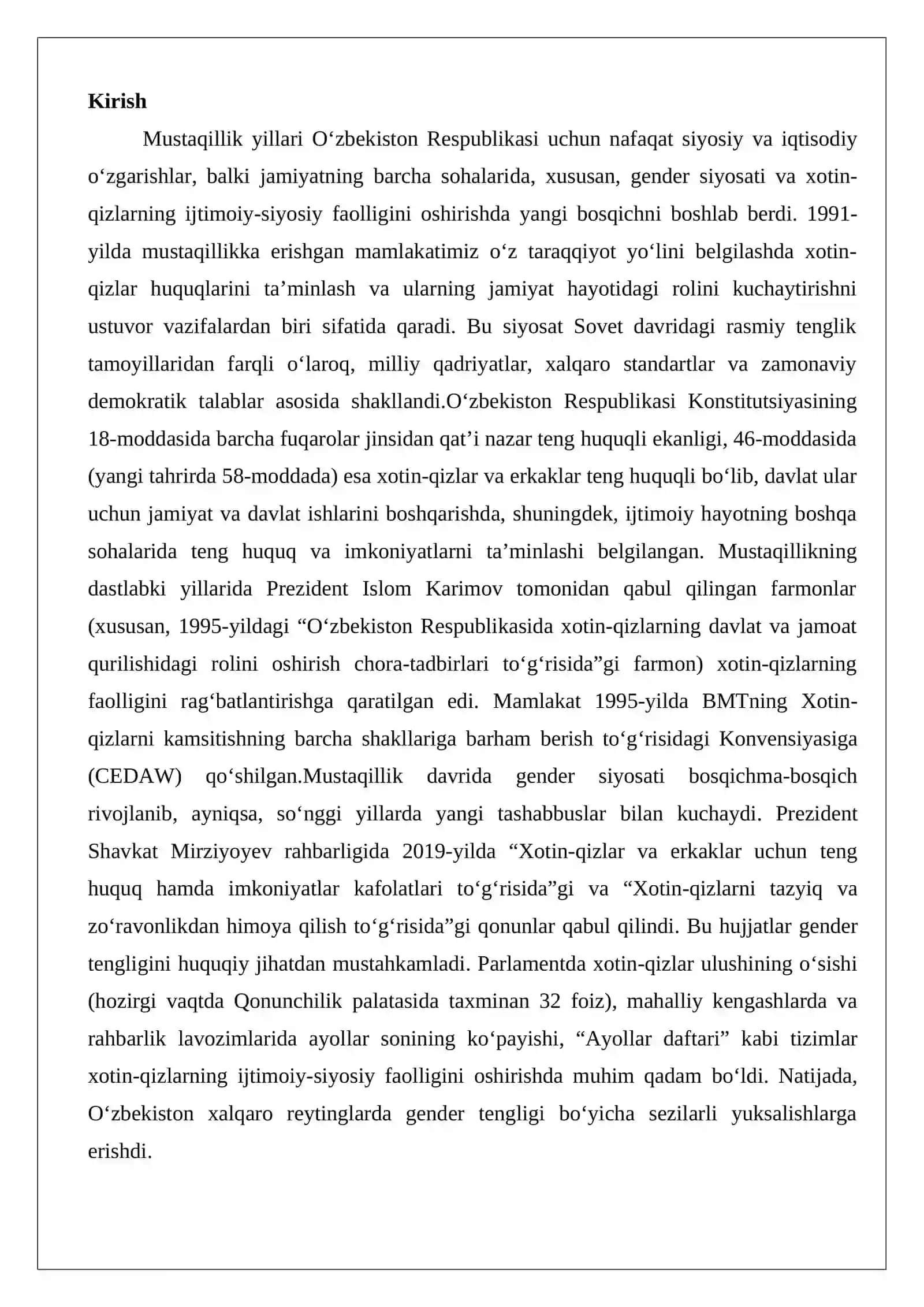 Mustaqillik yillarida gender siyosati va xotin-qizlar faolligi 2