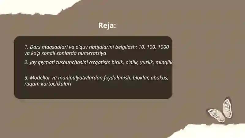 Boshlangʻich sinflarda 10, 100, 1000 va koʻp xonali sonlar ustida nomanfiy butun sonlarni nomerlashga oʻrgatish metodikasi 2