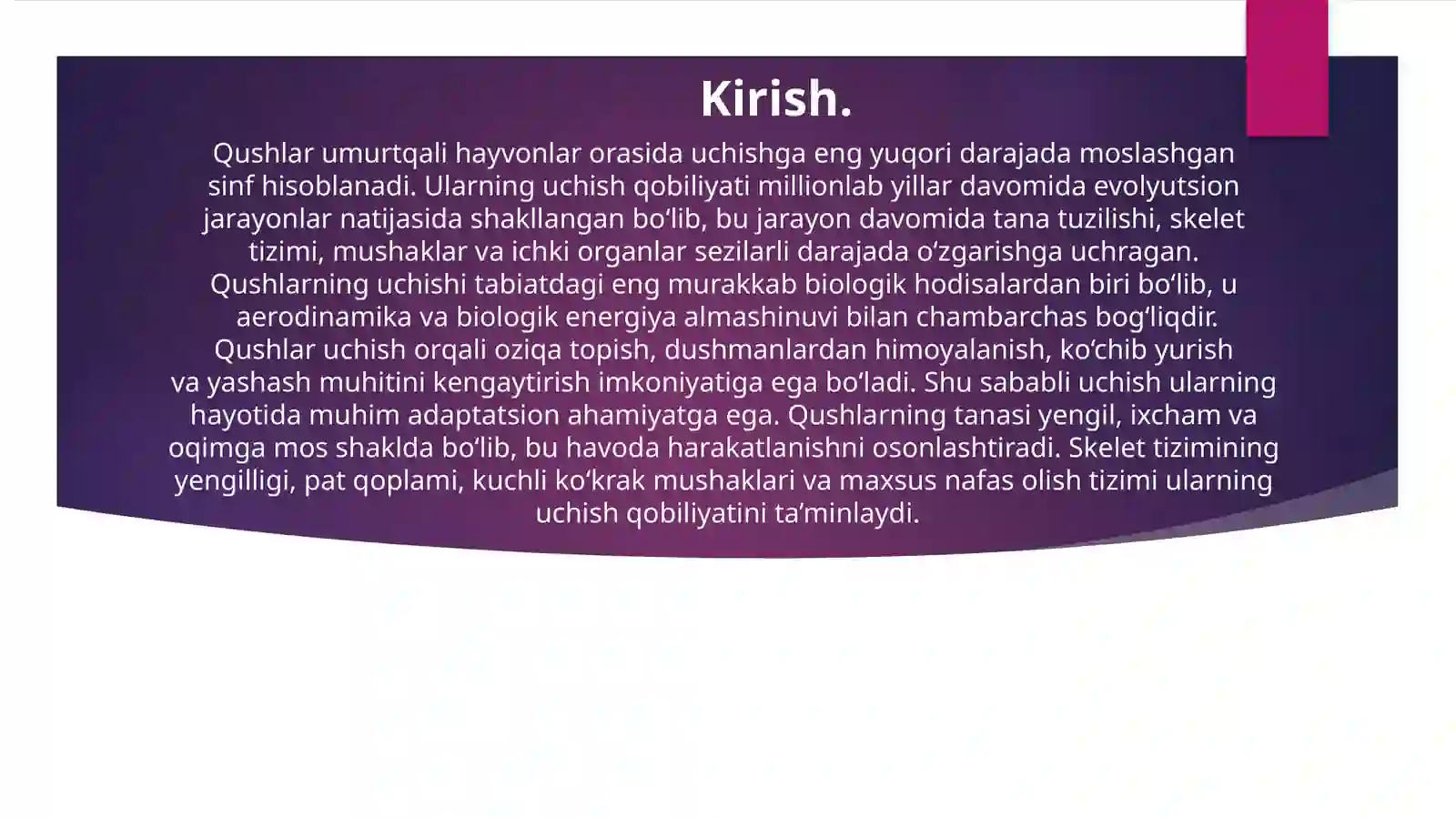 Qushlarning uchishga moslashish belgilari 2