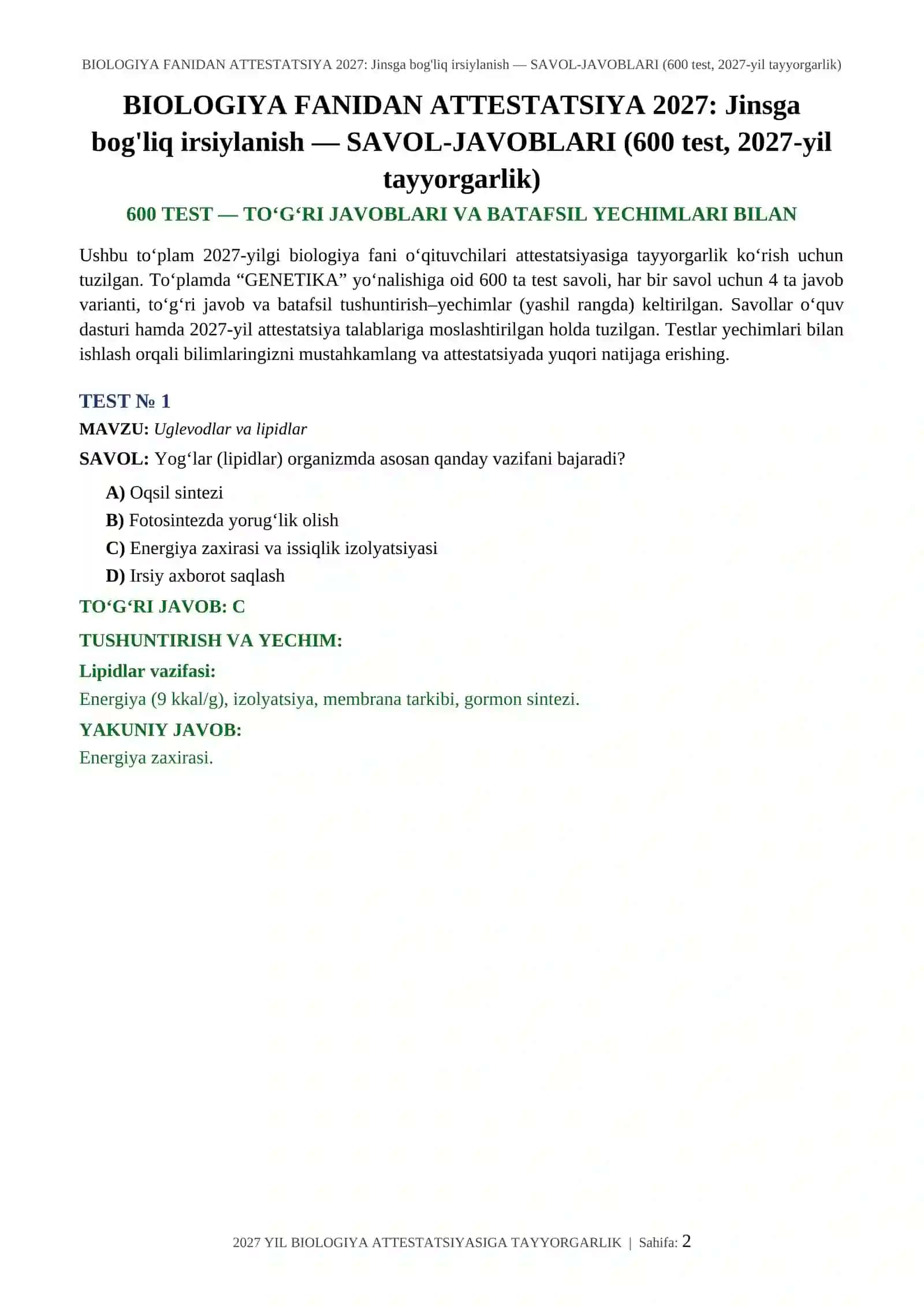 BIOLOGIYA FANIDAN ATTESTATSIYA 2027: Jinsga bog'liq irsiylanish — SAVOL-JAVOBLARI (600 test, 2027-yil tayyorgarlik) 2