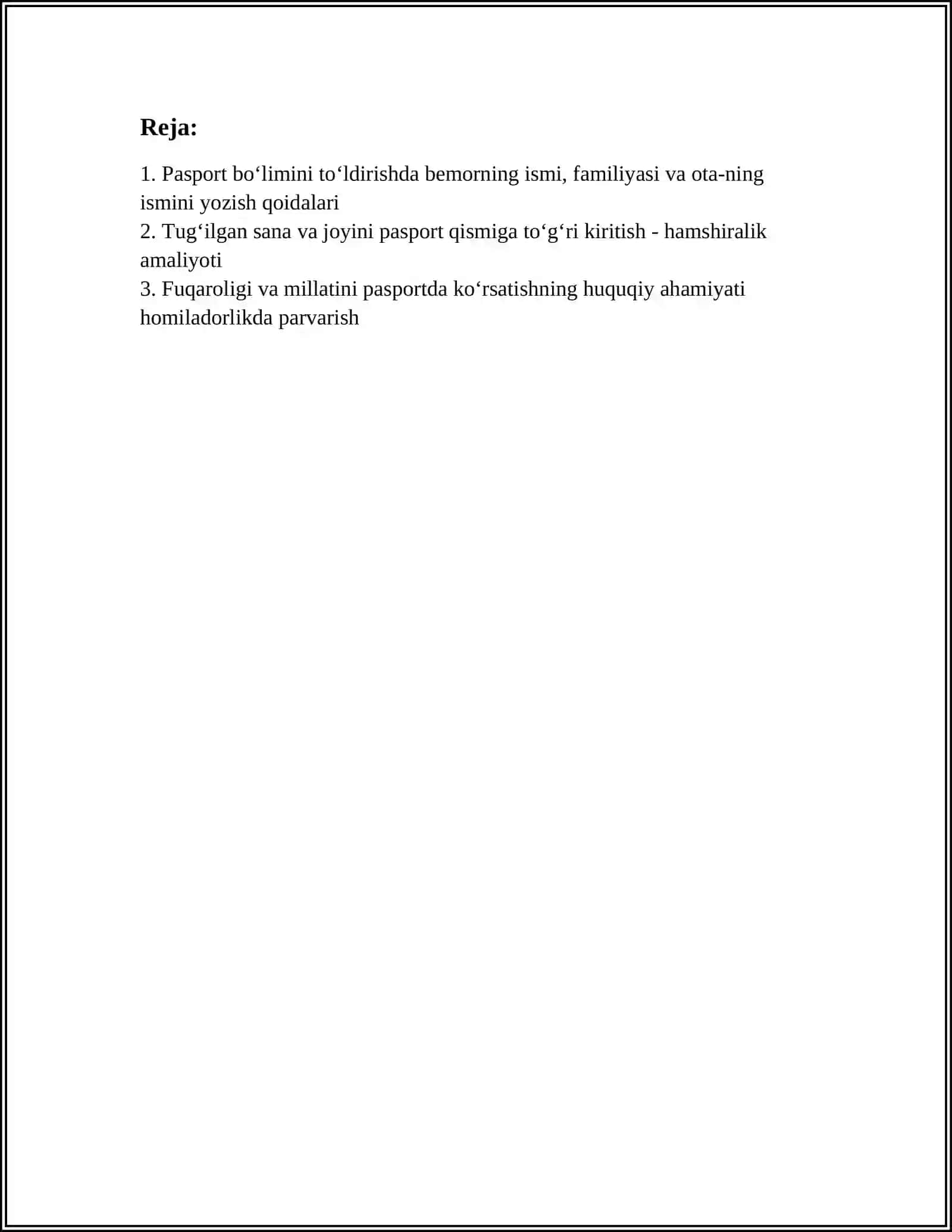 HOMILADORLIK DAVRIDA HAMSHIRALIK PARVARISHI. BEMOR SHAXSIY VARAQASINING PASPORT QISMINI TOʻLDIRISH 2