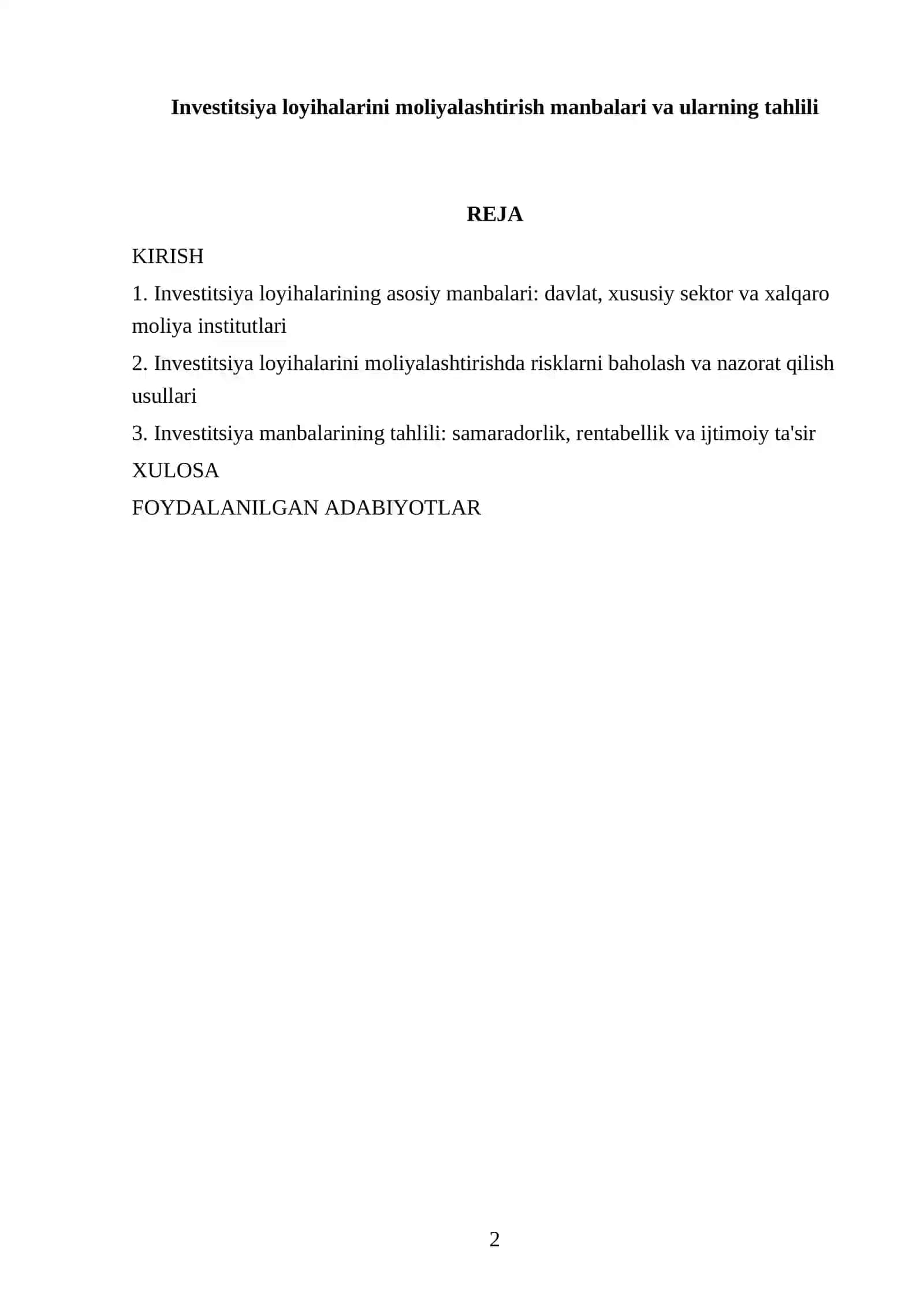 Investitsiya loyihalarini moliyalashtirish manbalari va ularning tahlili 2