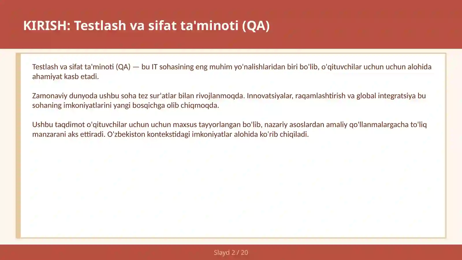 Testlash va sifat ta'minoti (QA) 2