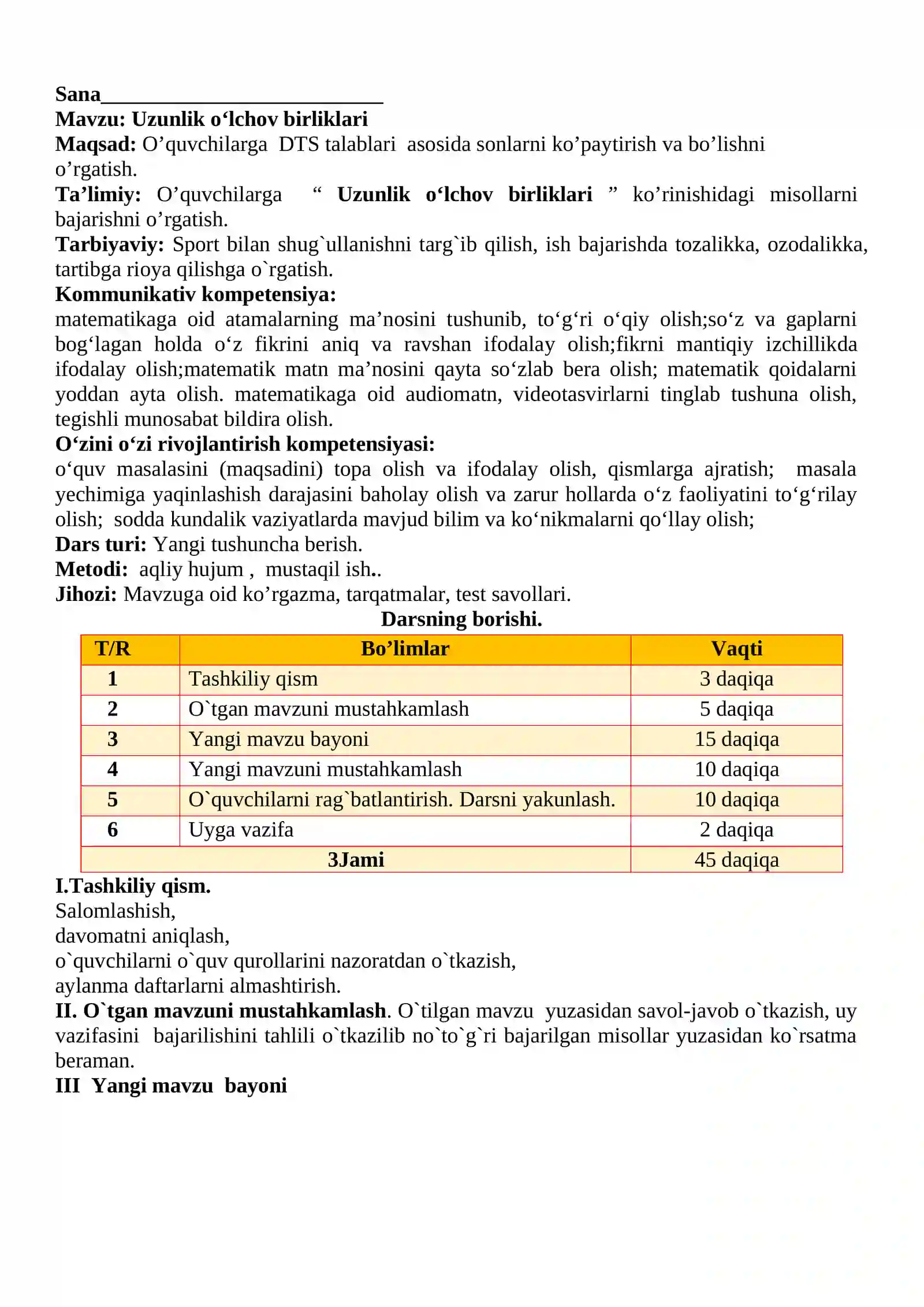 3-sinf Matematika fanidan Uzunlik o'lchov birliklari dars ishlanma 2