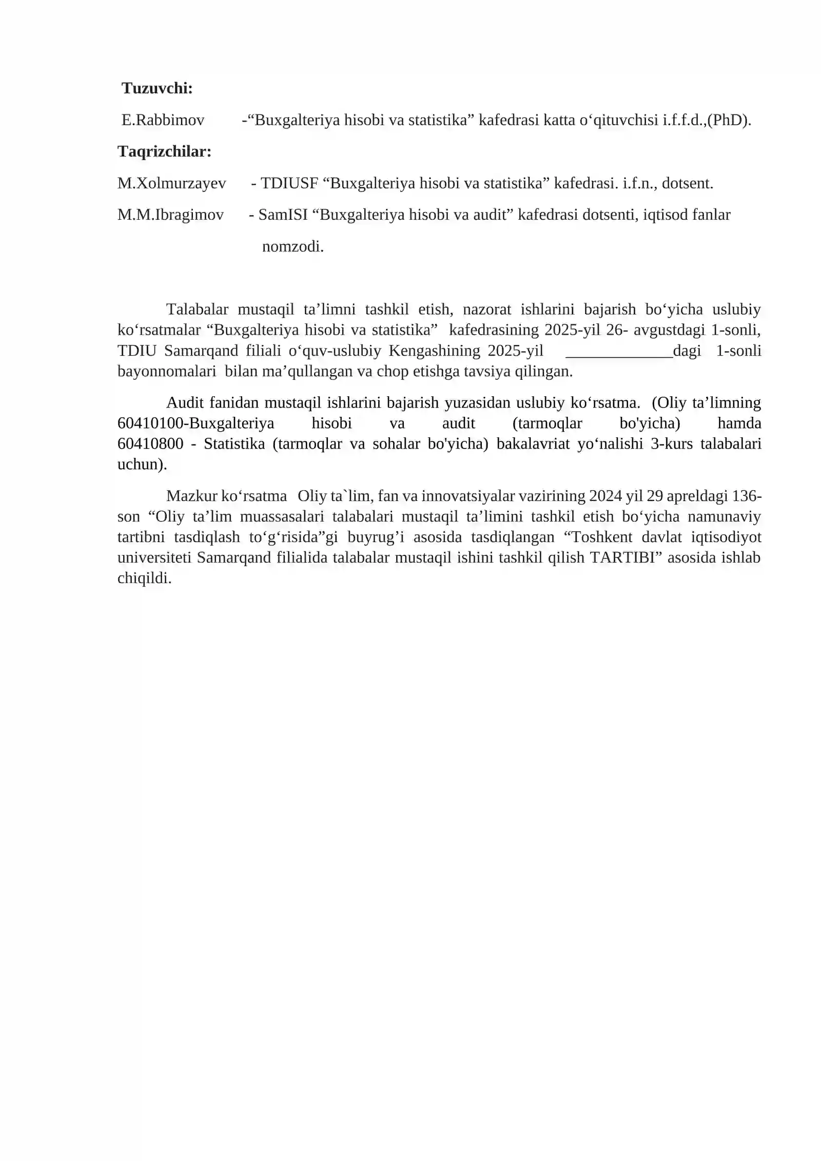 AUDIT fanidan talabalar mustaqil ta’limini tashkil etish boʻyicha USLUBIY KOʻRSATMA 2