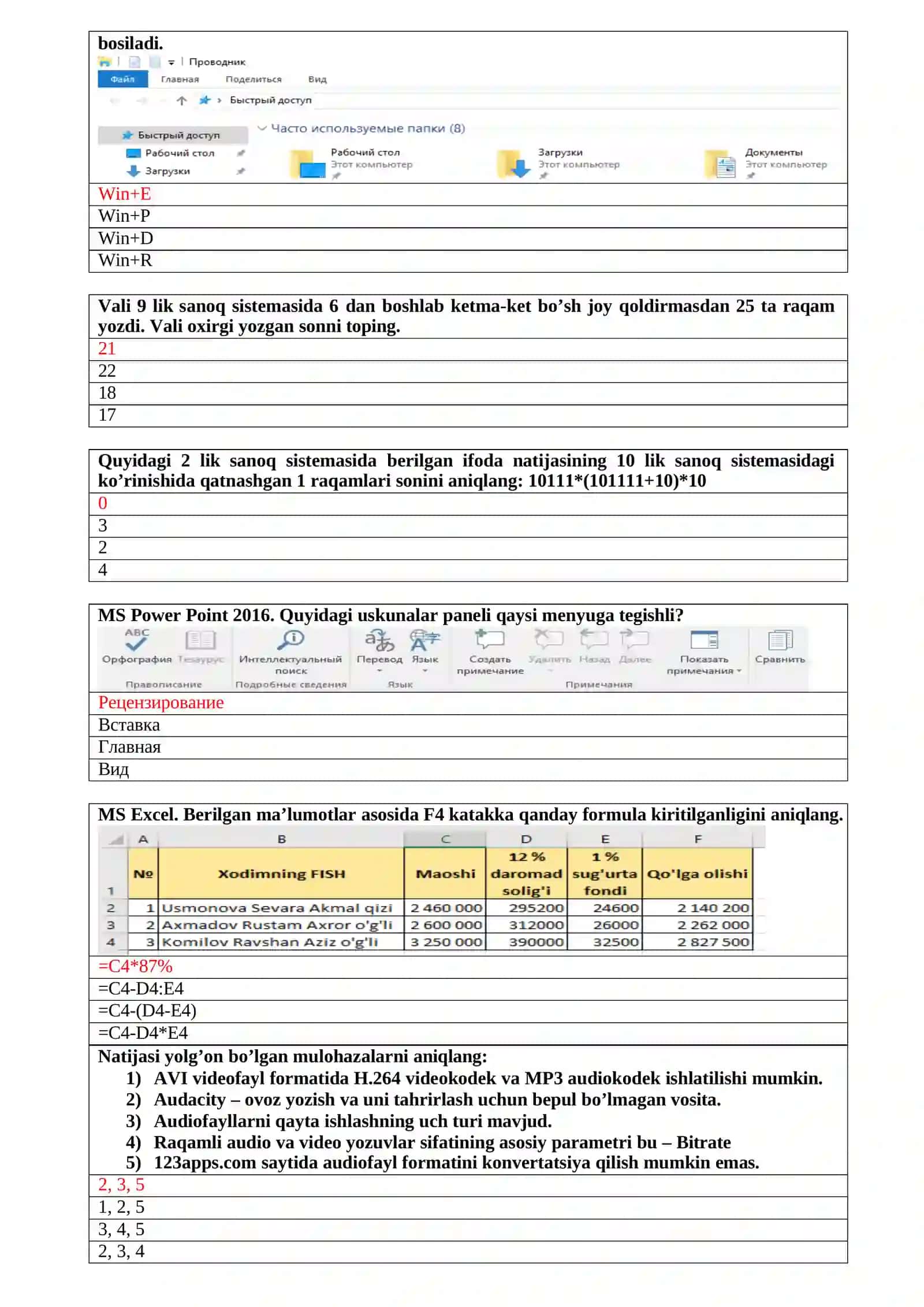 INFORMATIKA: ATTESTATSIYA VA MILLIY SERTIFIKAT UCHUN TEST SAVOLLARI VA JAVOBLAR 2