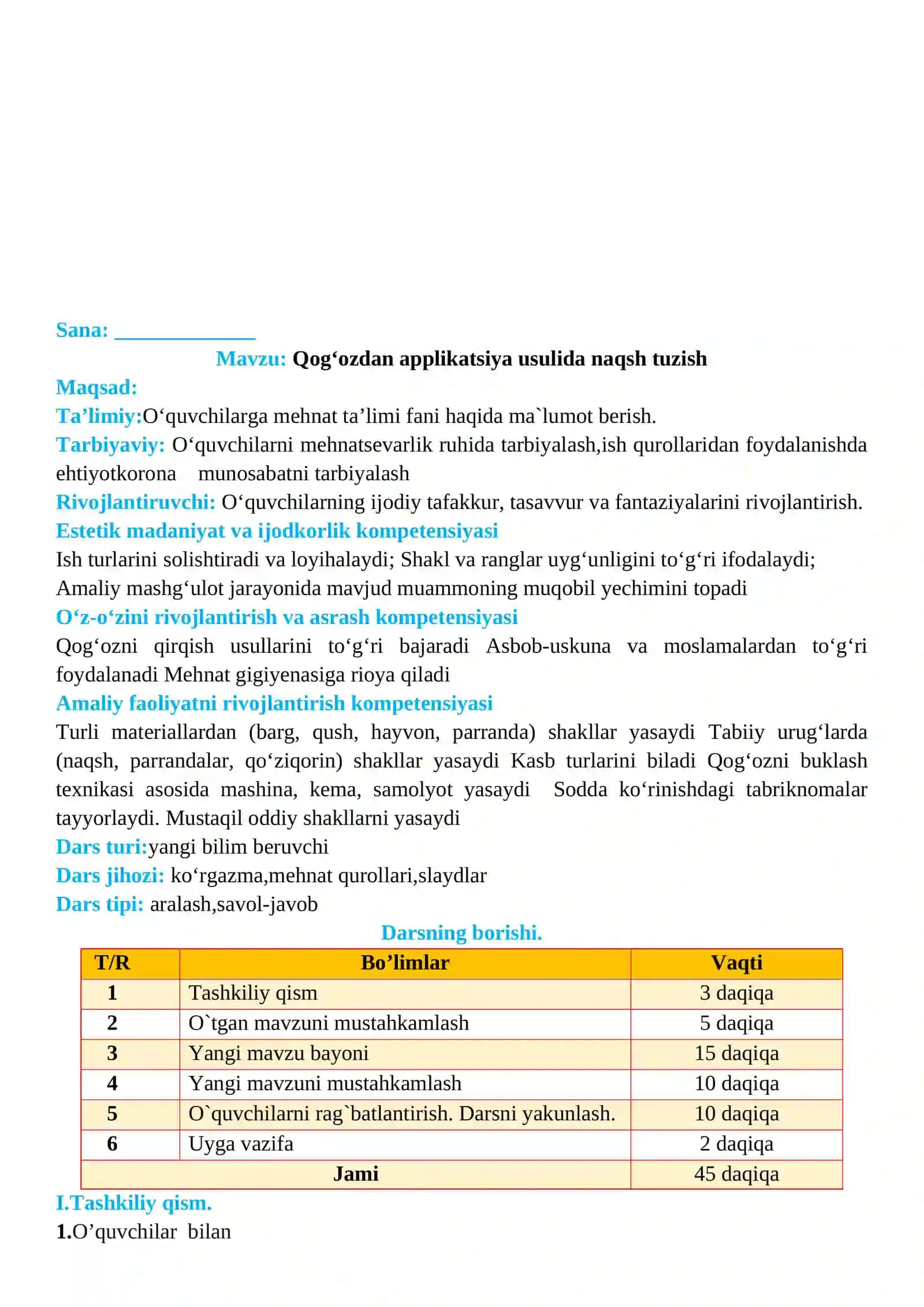 2-sinf Texnologiya fanidan Qog'ozdan applikatsiya usulida naqsh tuzish dars ishlanma 2